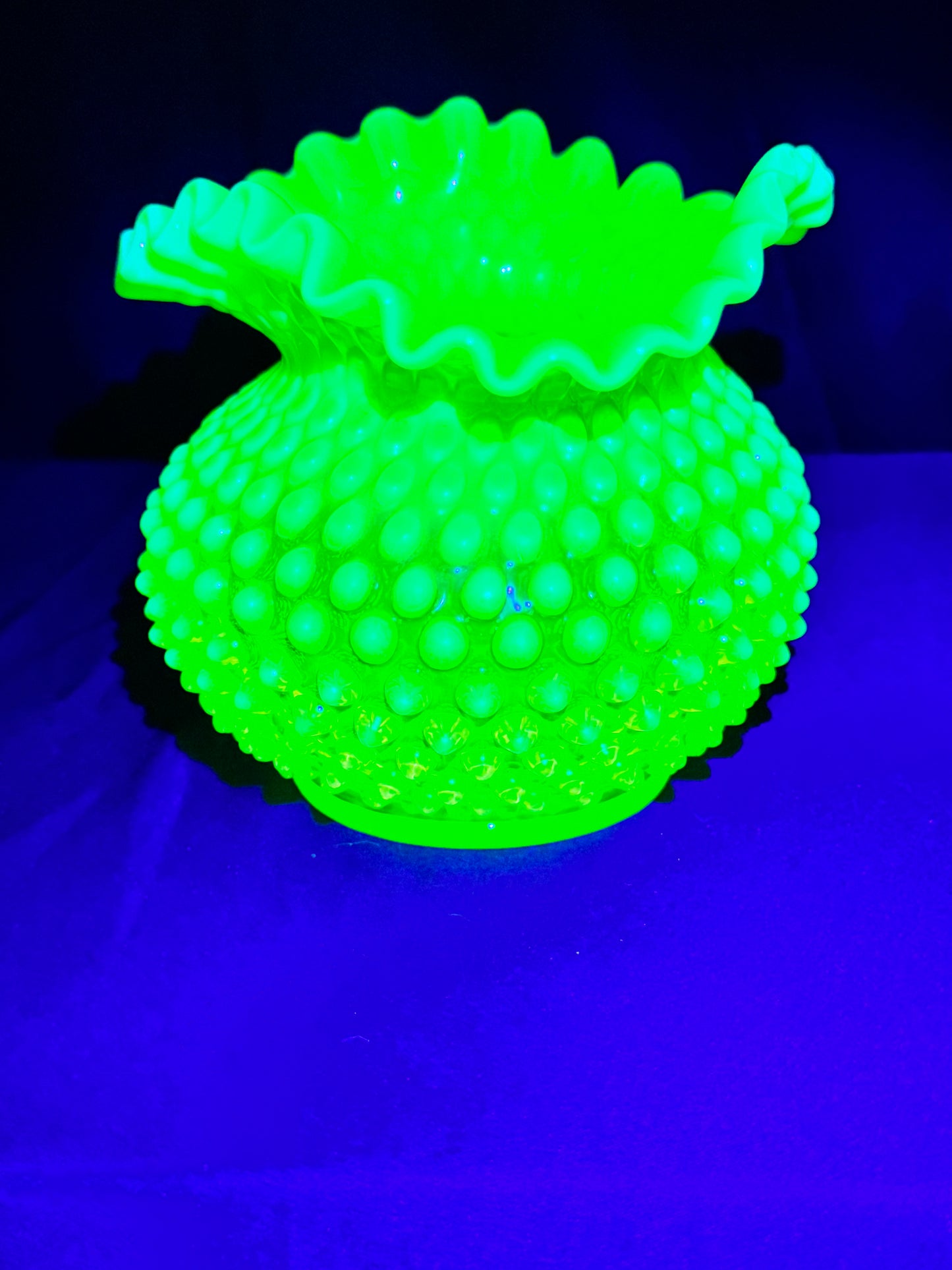 Uranium- Fenton- Hobnail- Ruffled Rose Bowl / Vase - topaz opalescent