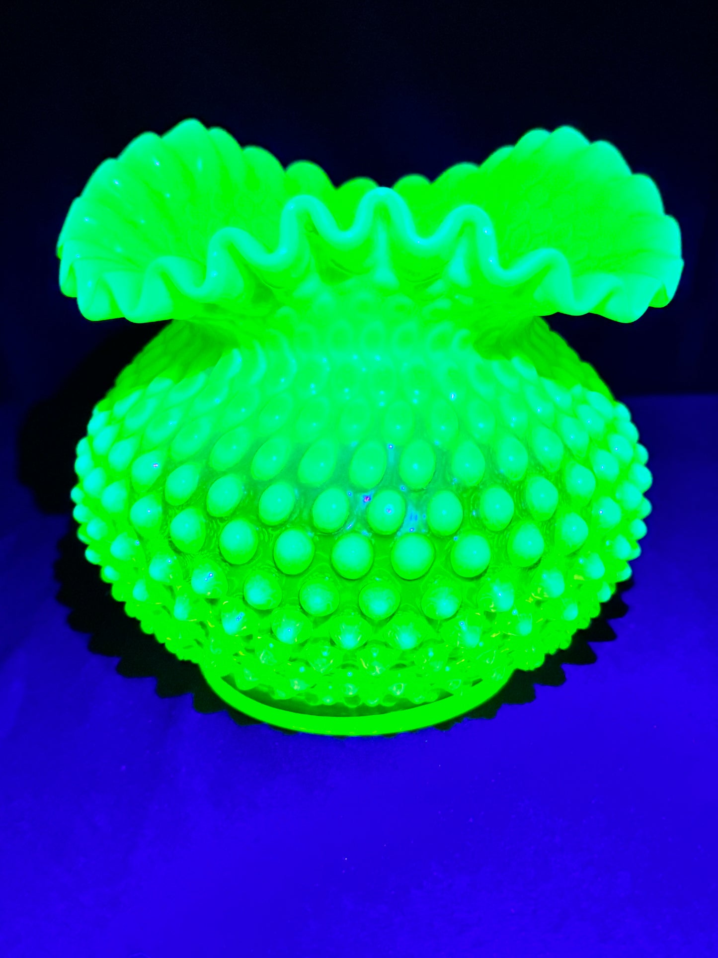 Uranium- Fenton- Hobnail- Ruffled Rose Bowl / Vase - topaz opalescent