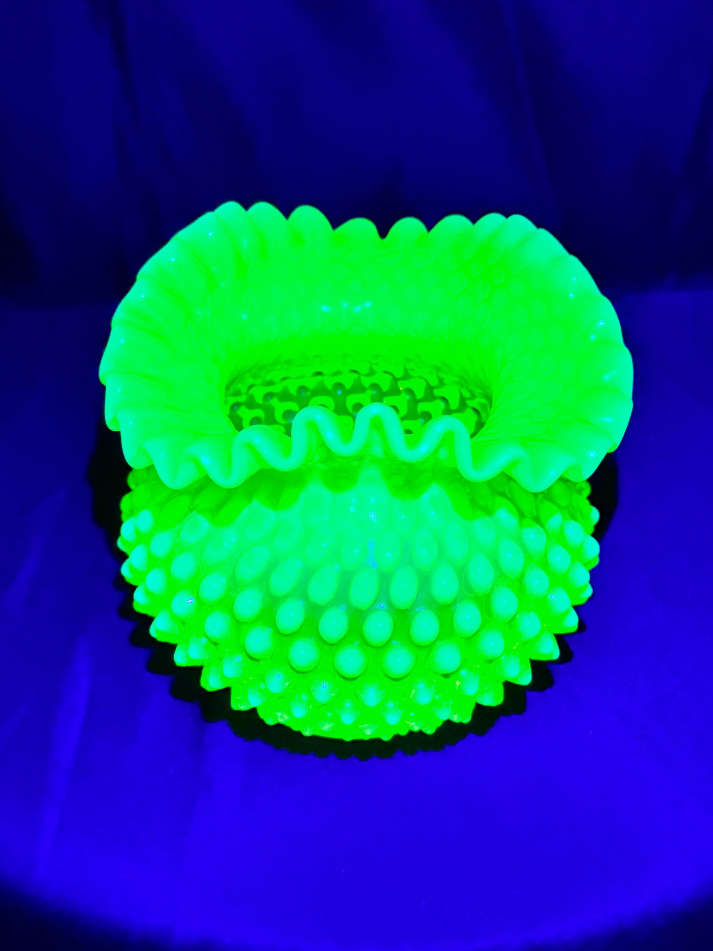 Uranium- Fenton- Hobnail- Ruffled Rose Bowl / Vase - topaz opalescent