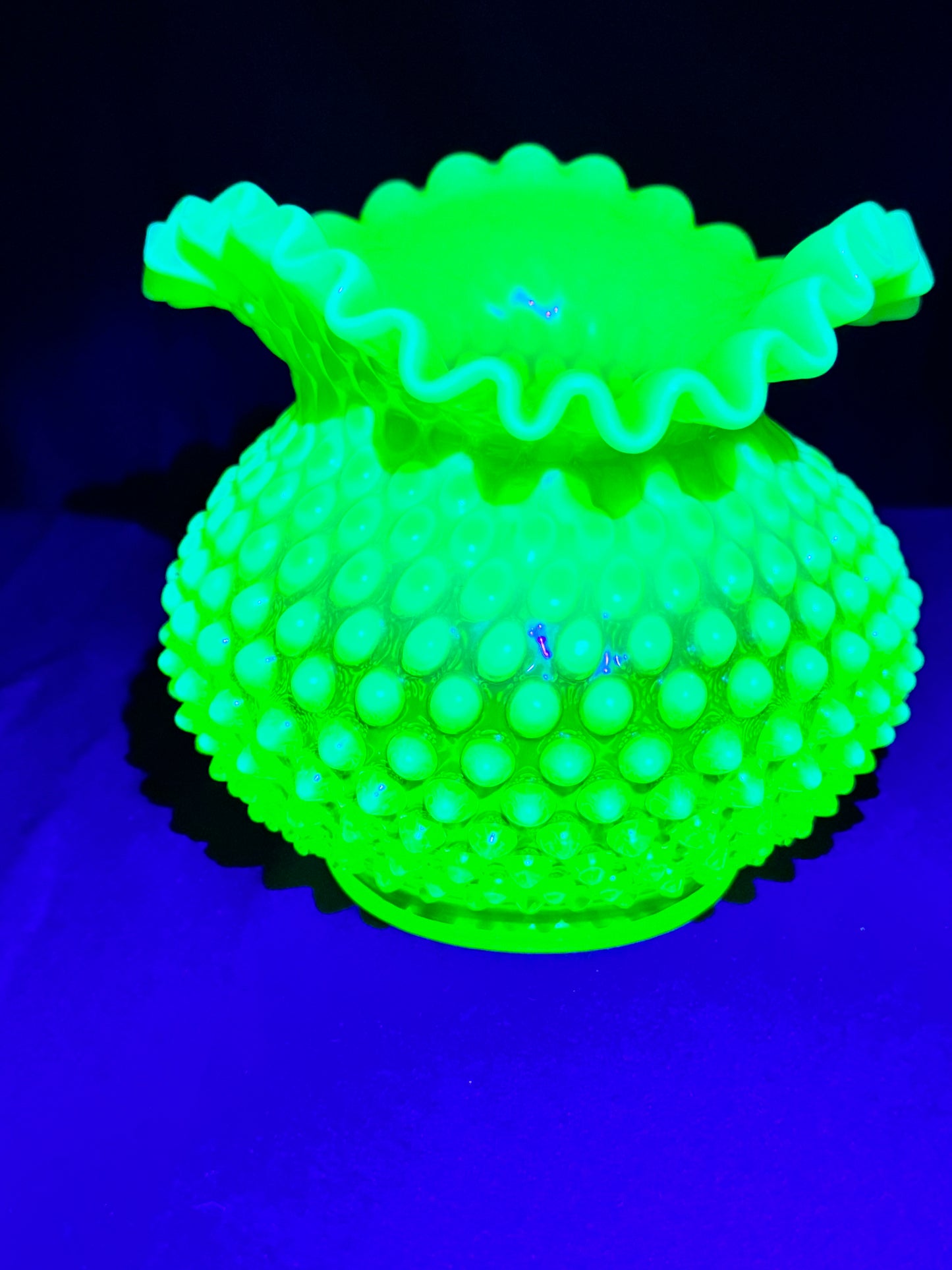 Uranium- Fenton- Hobnail- Ruffled Rose Bowl / Vase - topaz opalescent