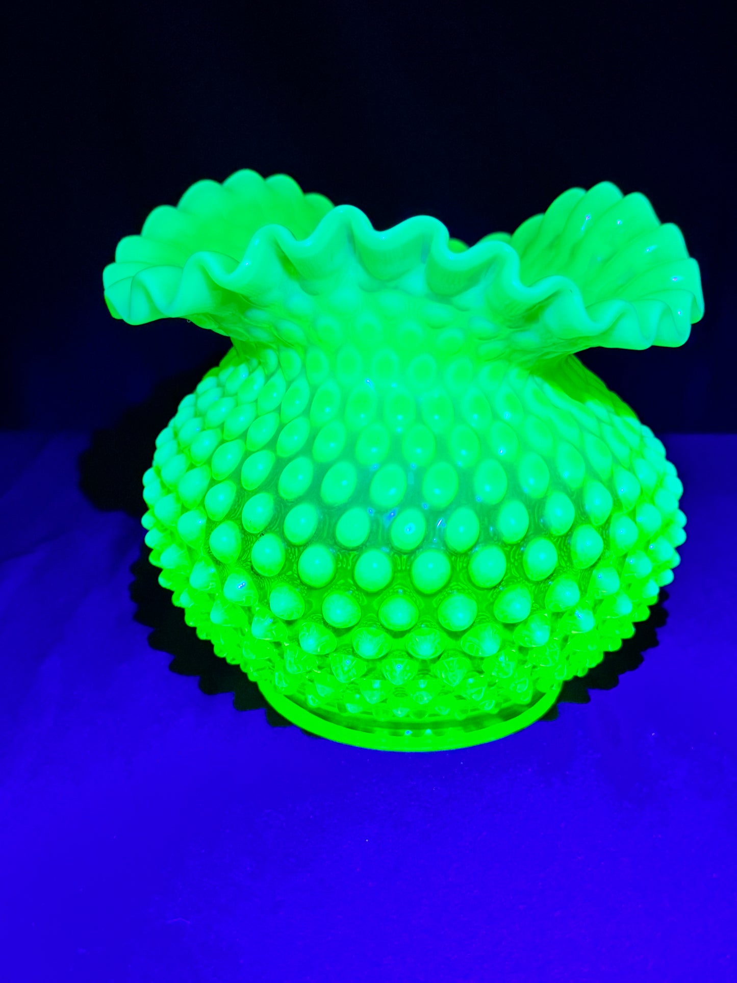 Uranium- Fenton- Hobnail- Ruffled Rose Bowl / Vase - topaz opalescent
