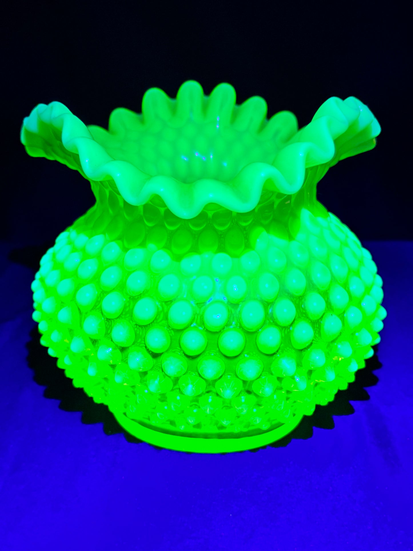 Uranium- Fenton- Hobnail- Ruffled Rose Bowl / Vase - topaz opalescent