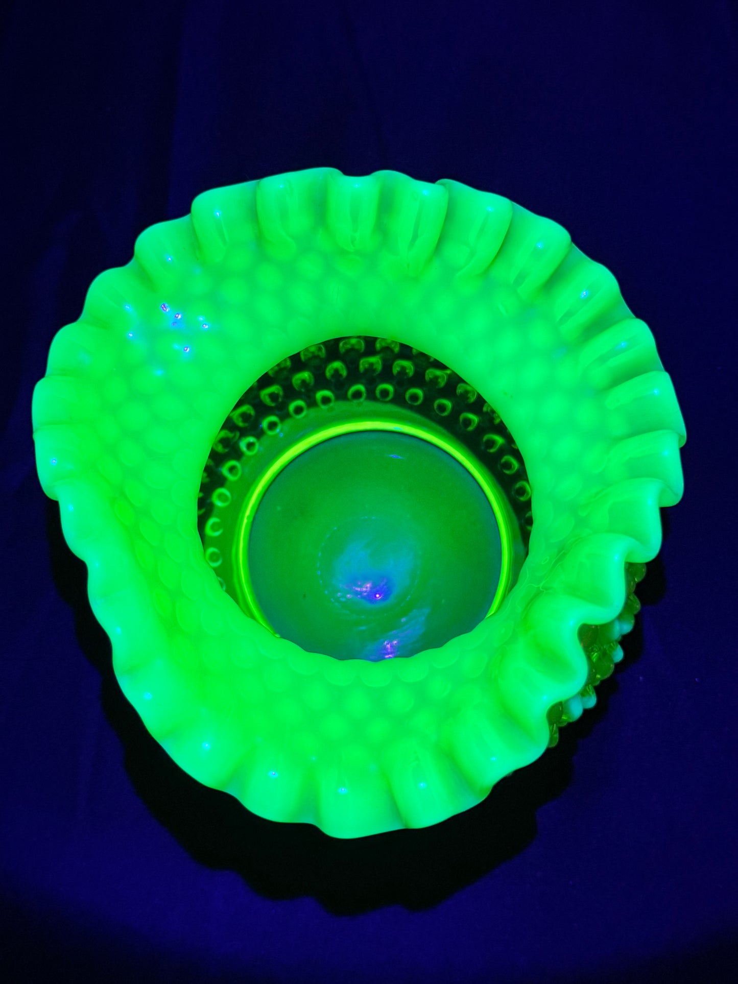 Uranium- Fenton- Hobnail- Ruffled Rose Bowl / Vase - topaz opalescent