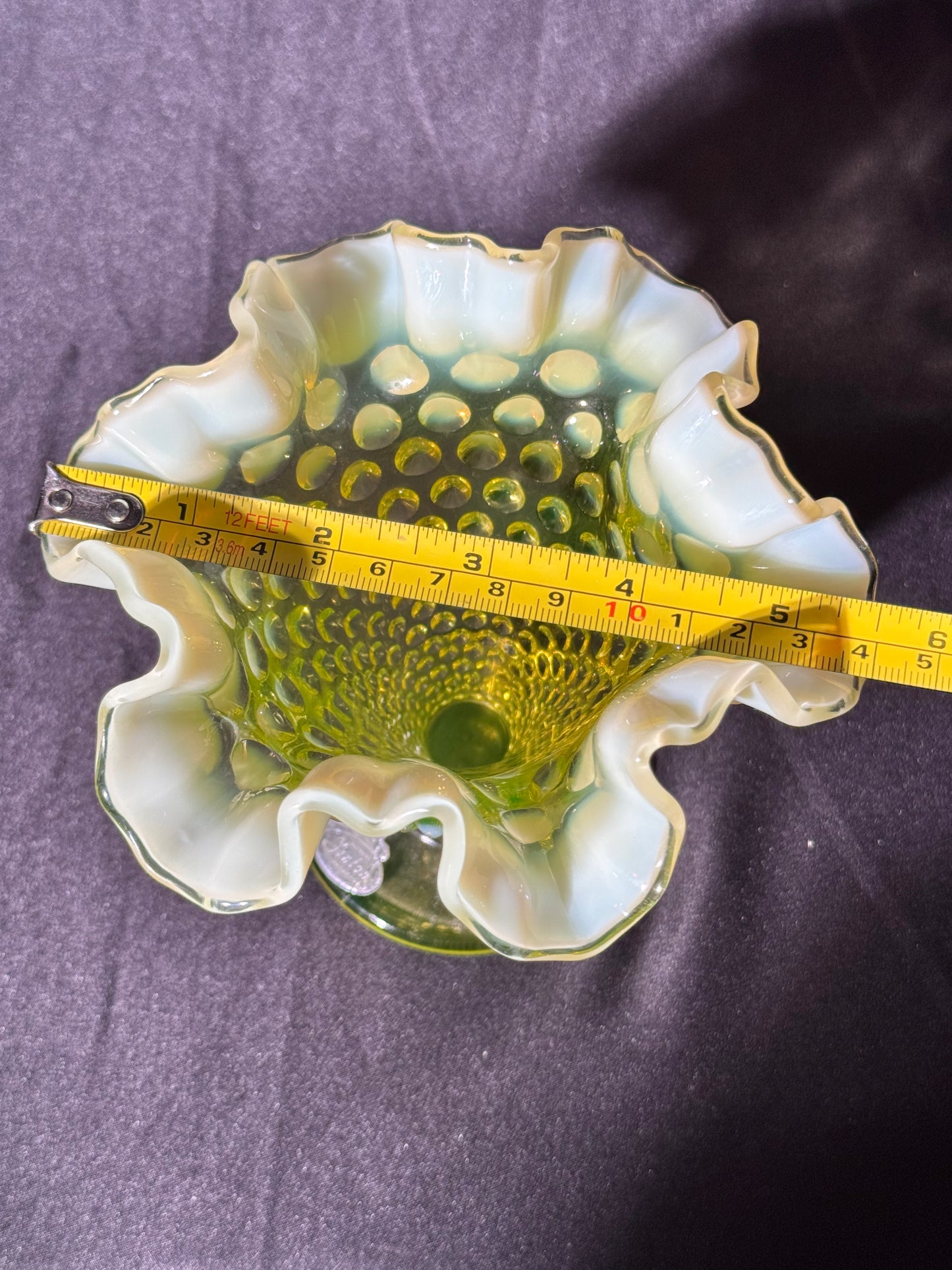 Uranium- Fenton- Hobnail- Ruffled Flower Vase - topaz opalescent