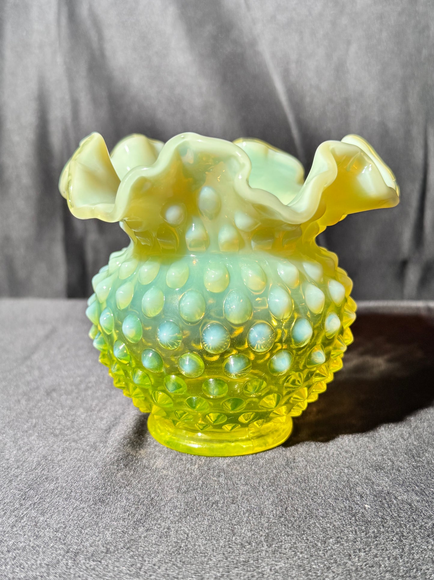 Uranium- Fenton- Hobnail- Flower Vase- Topaz Opalescent