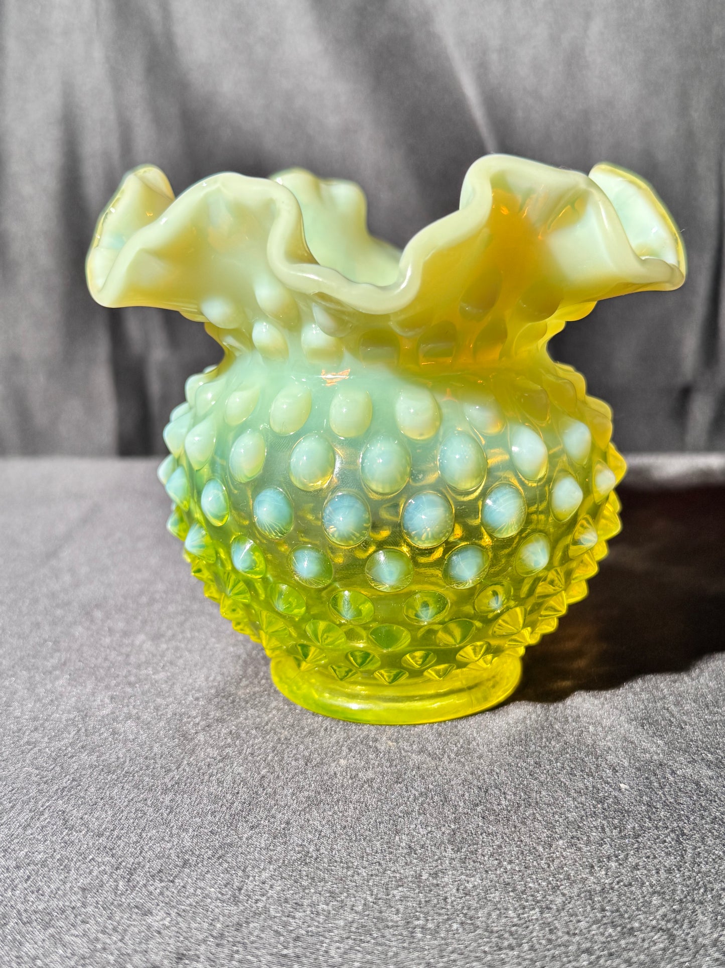 Uranium- Fenton- Hobnail- Flower Vase- Topaz Opalescent