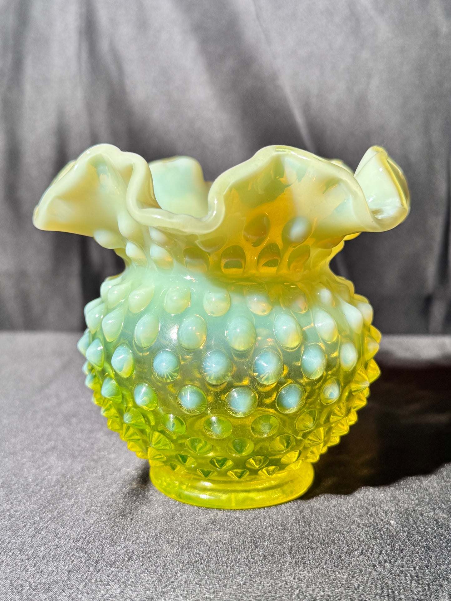 Uranium- Fenton- Hobnail- Flower Vase- Topaz Opalescent