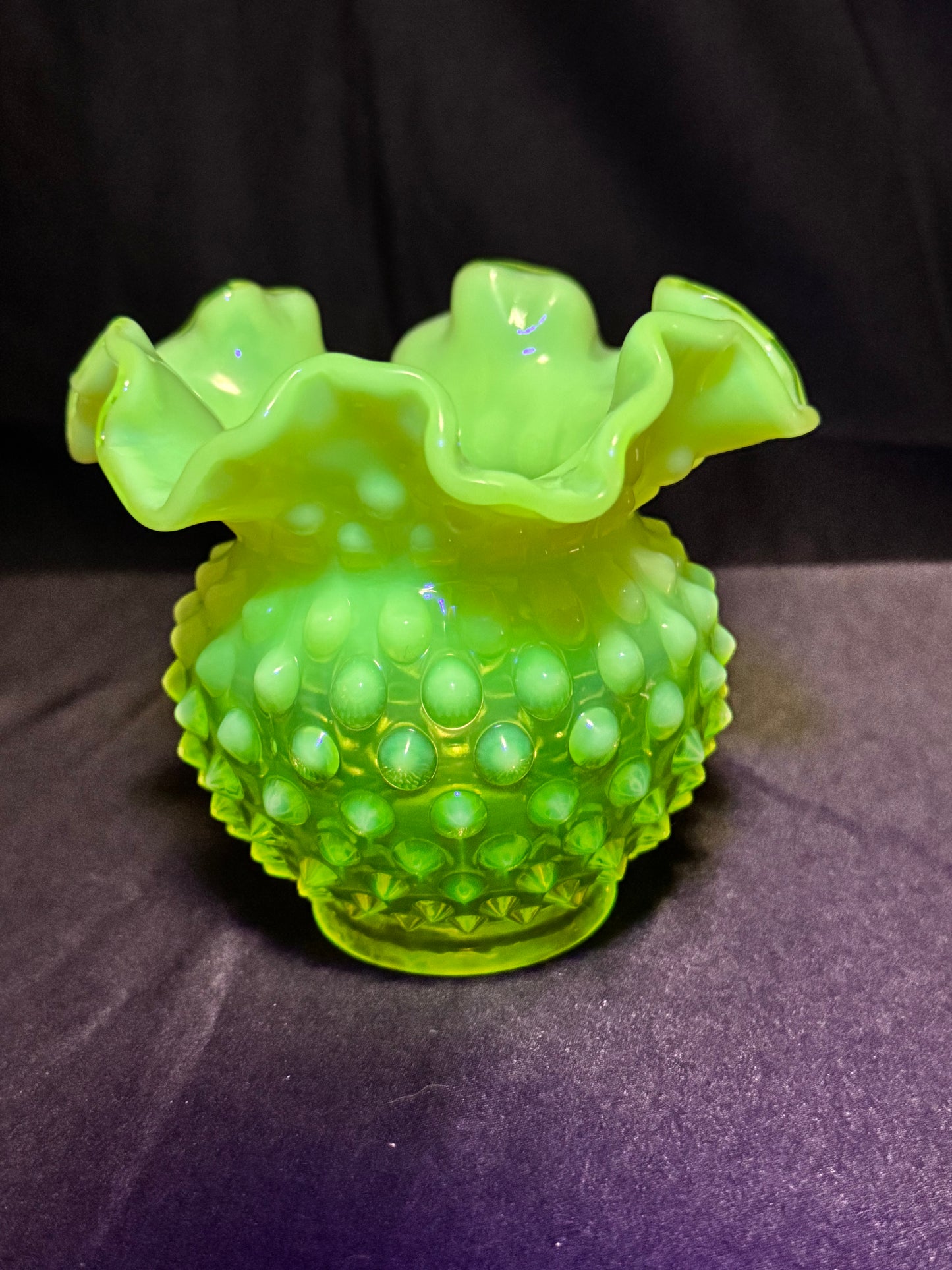 Uranium- Fenton- Hobnail- Flower Vase- Topaz Opalescent