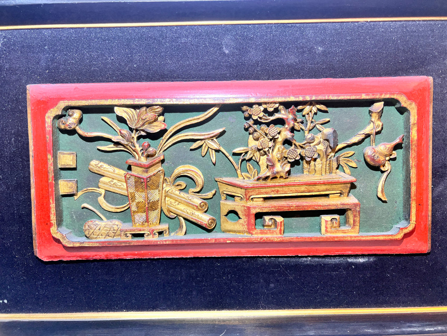 3D - Chinese - Wood carving picture- Black velvet background - Black wood frame - picture frame dimensions 18“ x 11“ x 1 1/2”