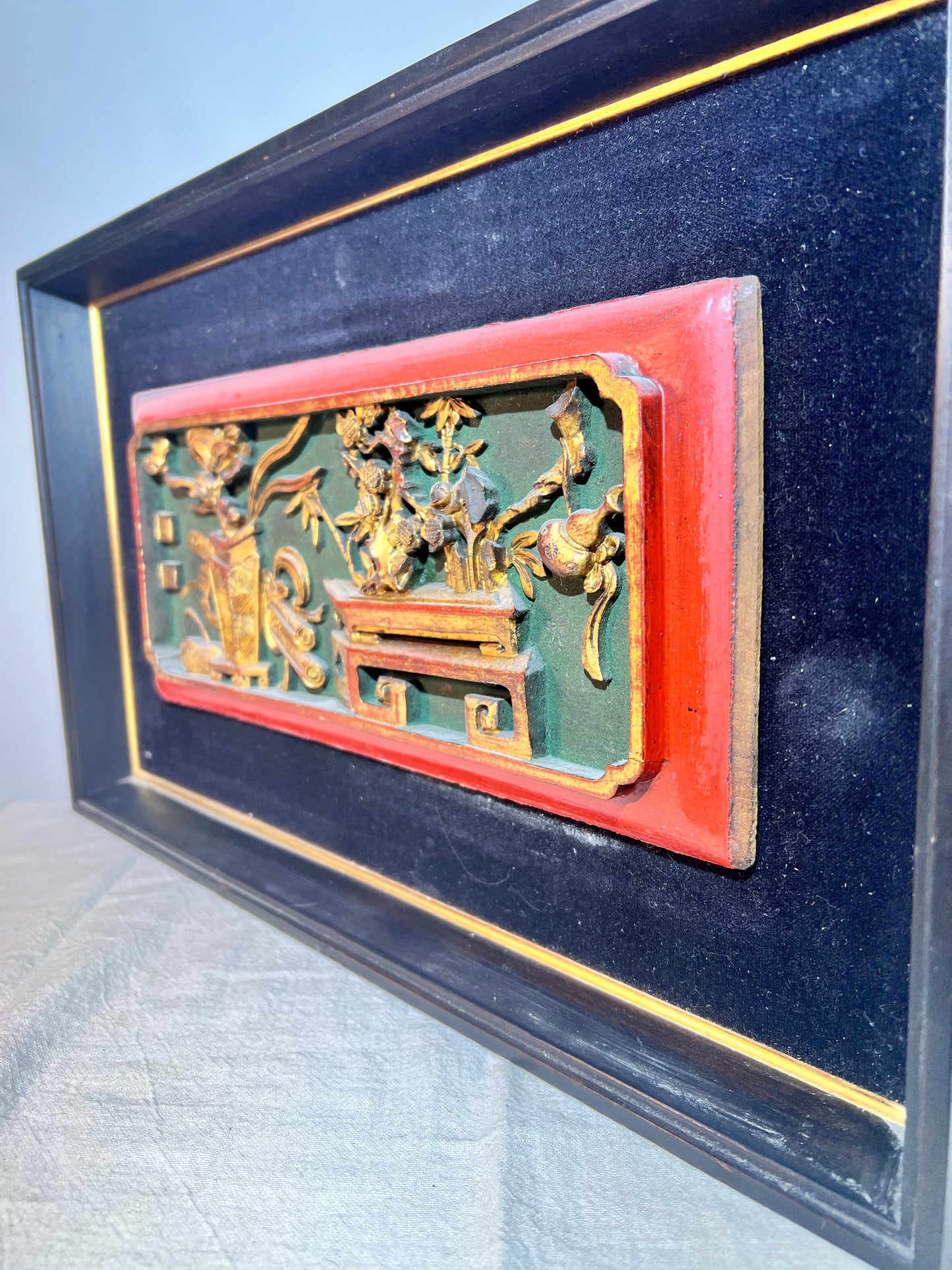 3D - Chinese - Wood carving picture- Black velvet background - Black wood frame - picture frame dimensions 18“ x 11“ x 1 1/2”