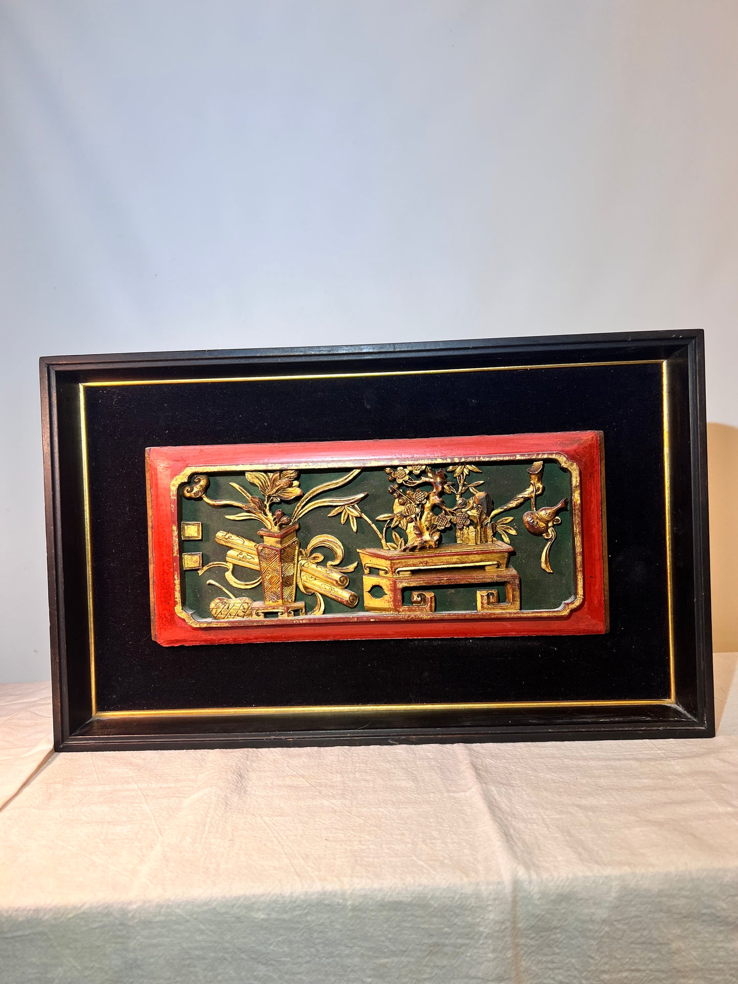 3D - Chinese - Wood carving picture- Black velvet background - Black wood frame - picture frame dimensions 18“ x 11“ x 1 1/2”