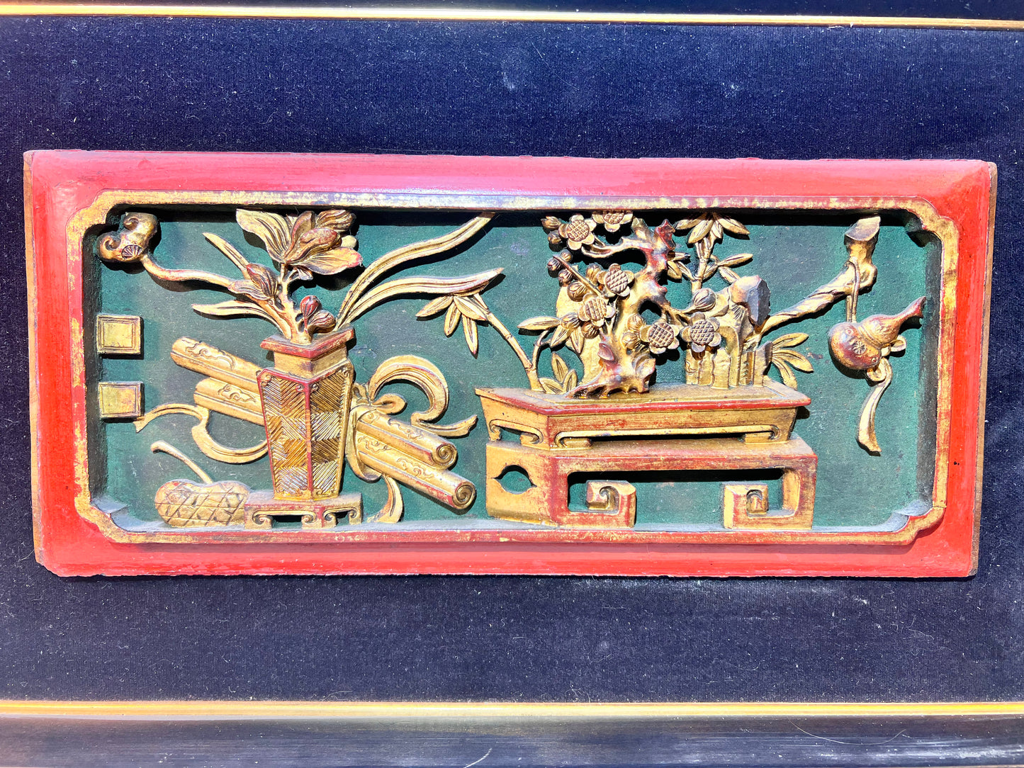 3D - Chinese - Wood carving picture- Black velvet background - Black wood frame - picture frame dimensions 18“ x 11“ x 1 1/2”