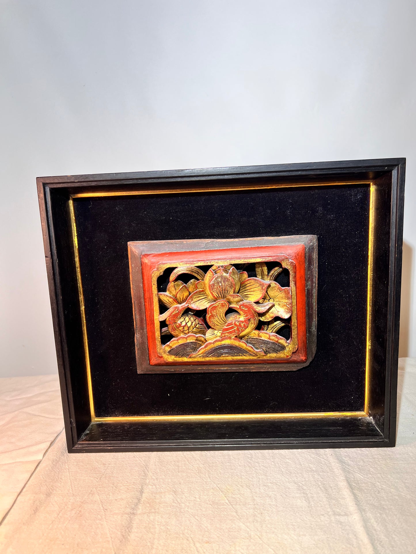 3D - Chinese - Wood carving picture- Black velvet background - Black wood frame - picture frame dimensions 12 1/2“ x 10 1/2“ X 1 1/2”
