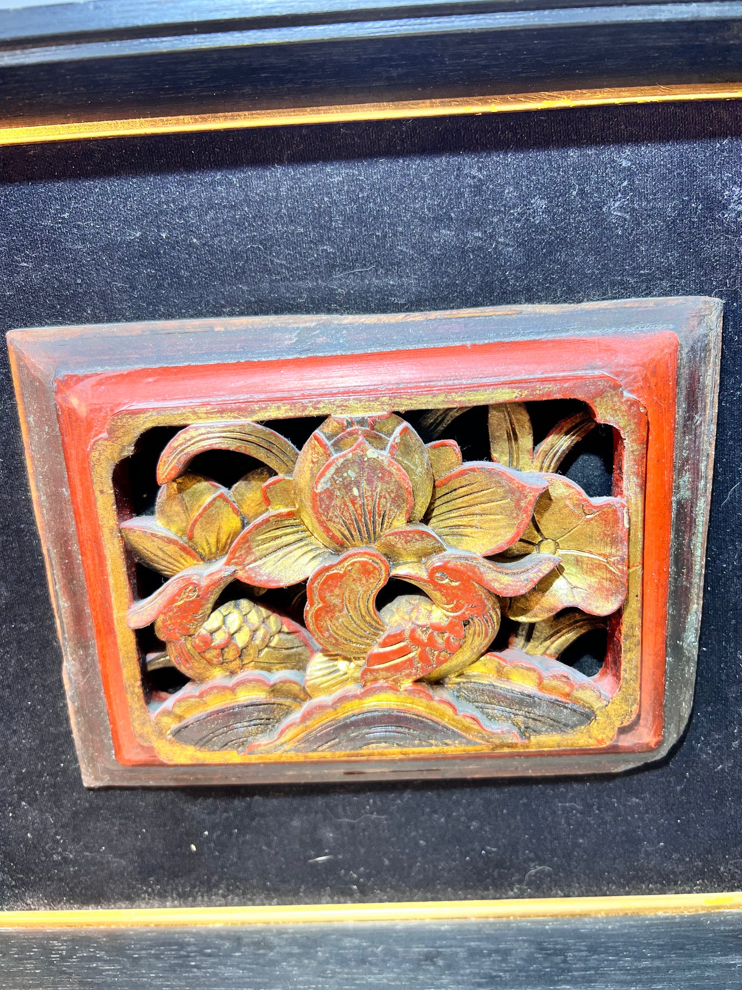 3D - Chinese - Wood carving picture- Black velvet background - Black wood frame - picture frame dimensions 12 1/2“ x 10 1/2“ X 1 1/2”