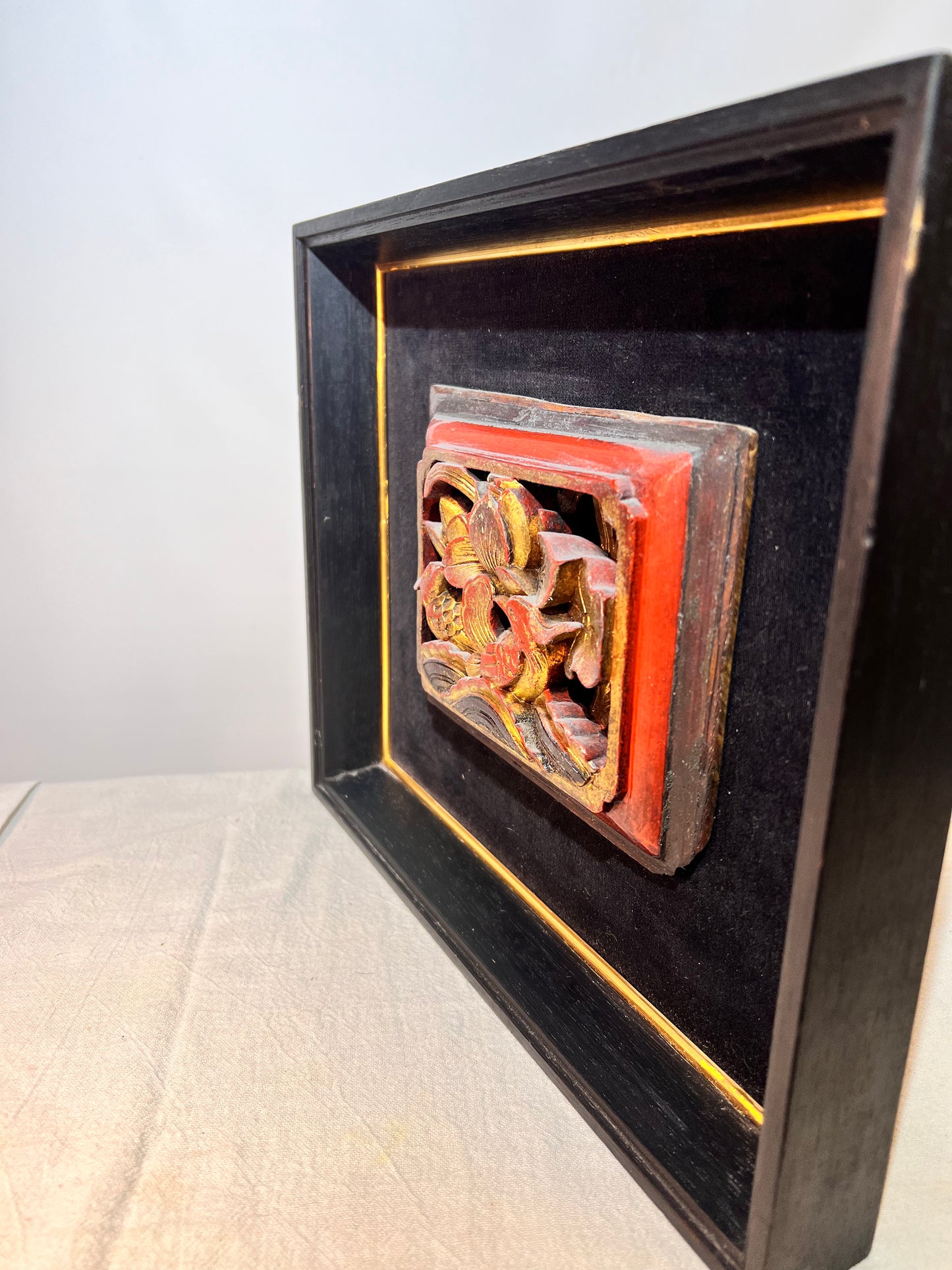 3D - Chinese - Wood carving picture- Black velvet background - Black wood frame - picture frame dimensions 12 1/2“ x 10 1/2“ X 1 1/2”