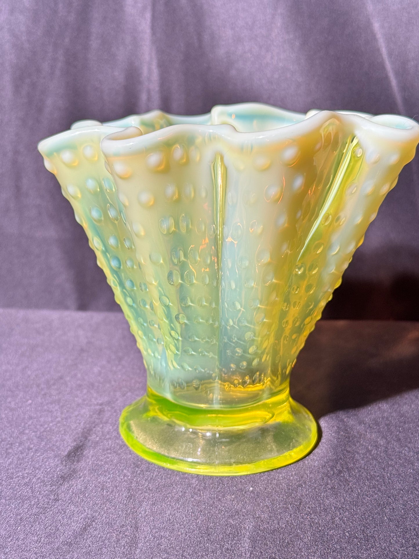 Uranium- Fenton- Hobnail- 5.5 Flower Vase - Topaz Opalescent- 1930’s