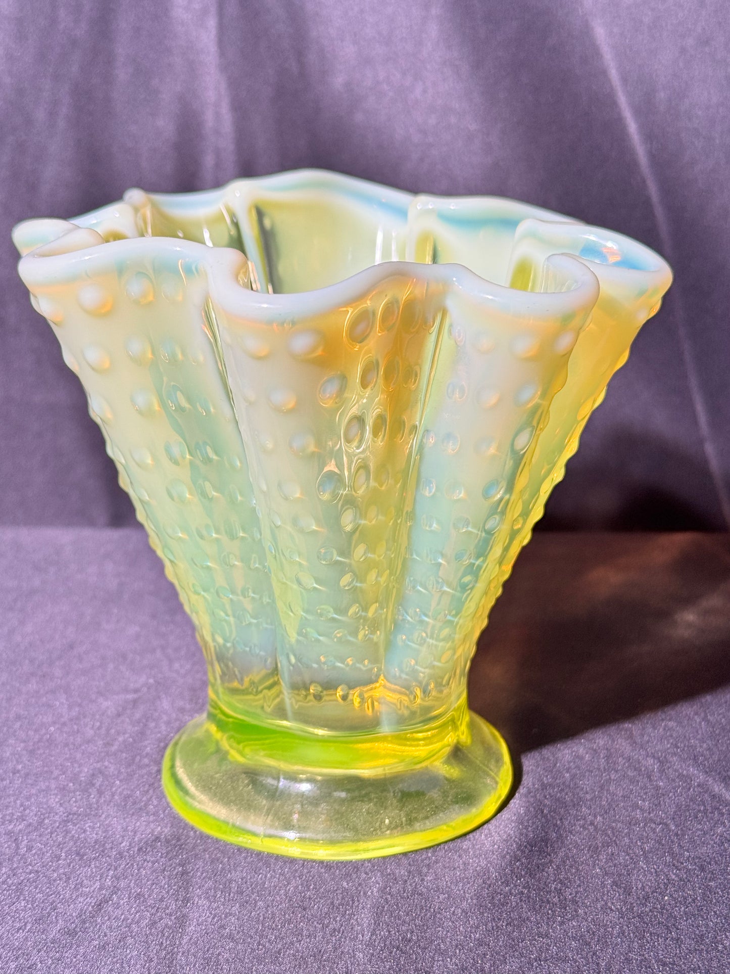 Uranium- Fenton- Hobnail- 5.5 Flower Vase - Topaz Opalescent- 1930’s