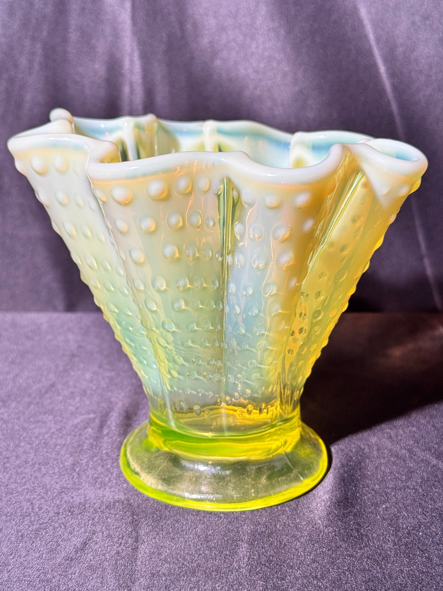 Uranium- Fenton- Hobnail- 5.5 Flower Vase - Topaz Opalescent- 1930’s