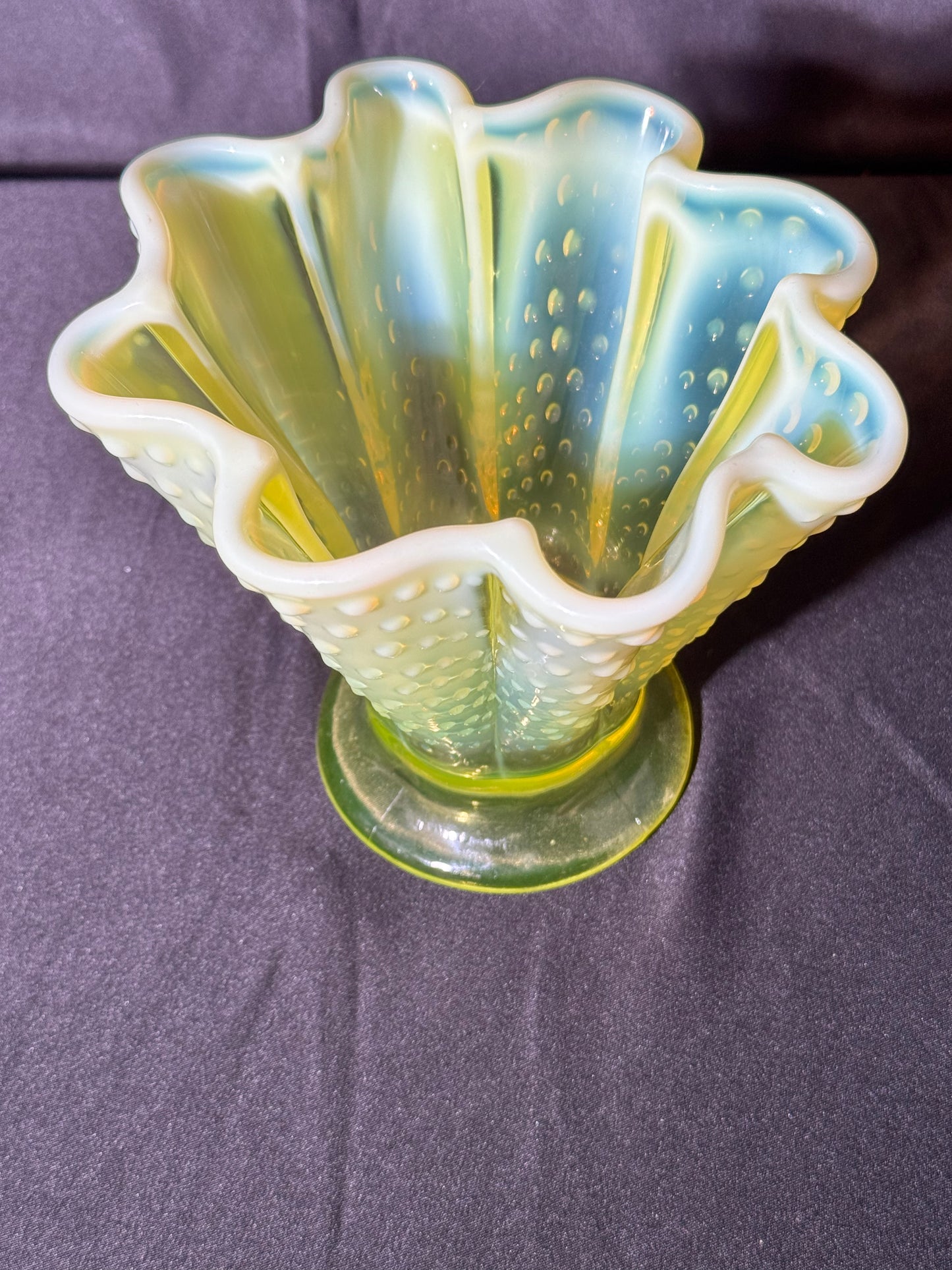 Uranium- Fenton- Hobnail- 5.5 Flower Vase - Topaz Opalescent- 1930’s