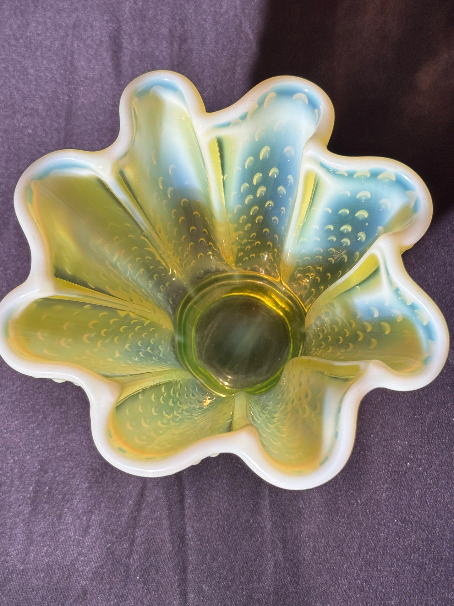 Uranium- Fenton- Hobnail- 5.5 Flower Vase - Topaz Opalescent- 1930’s