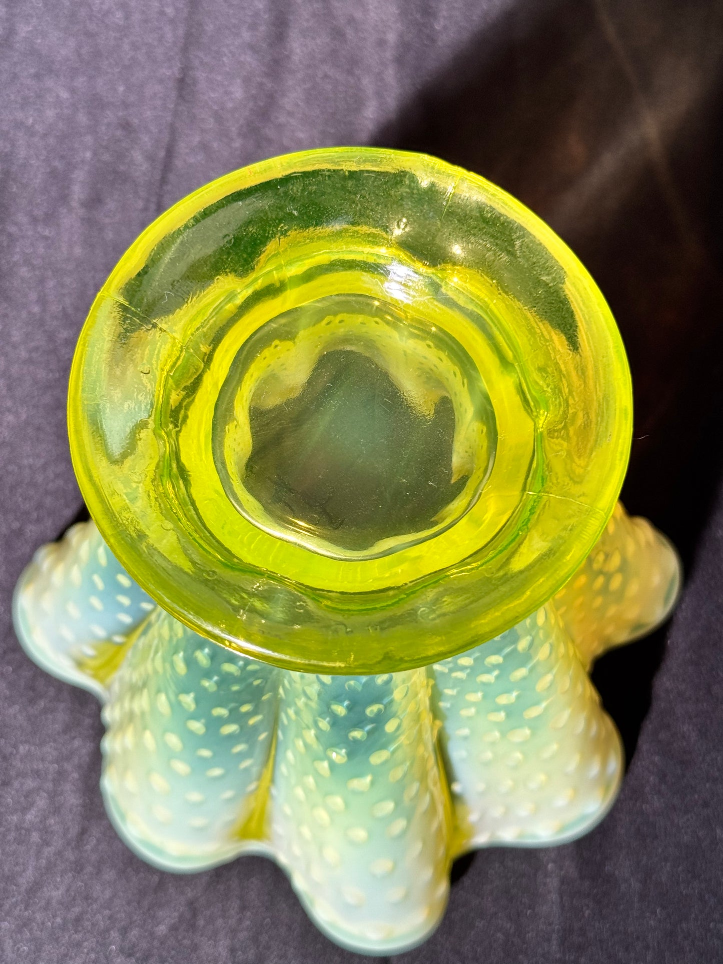 Uranium- Fenton- Hobnail- 5.5 Flower Vase - Topaz Opalescent- 1930’s
