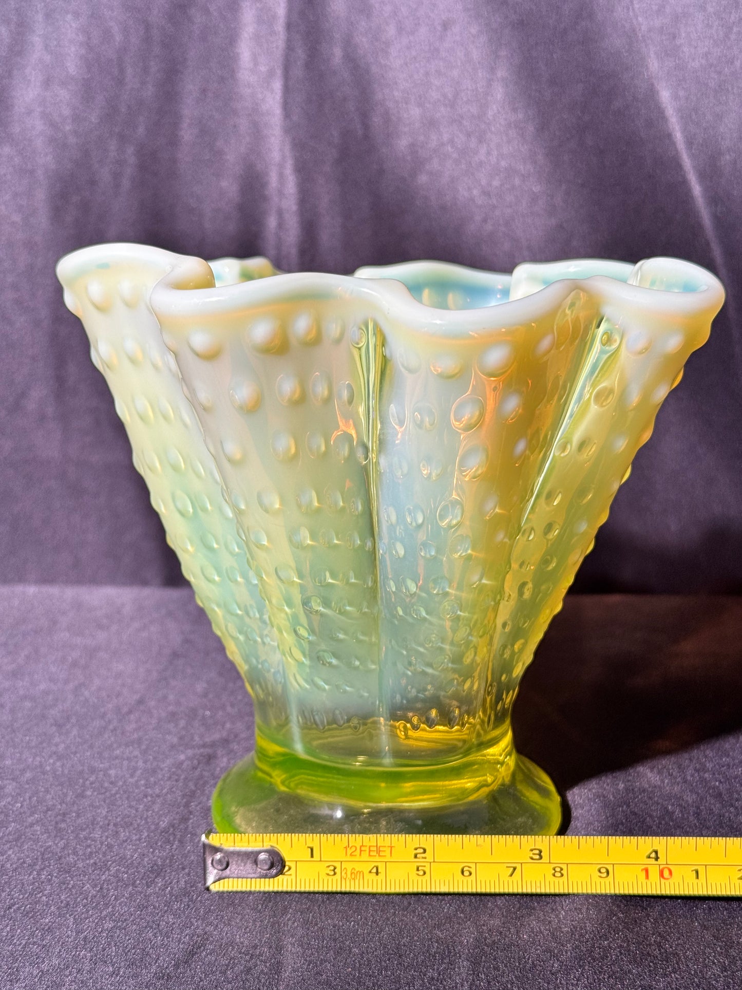 Uranium- Fenton- Hobnail- 5.5 Flower Vase - Topaz Opalescent- 1930’s