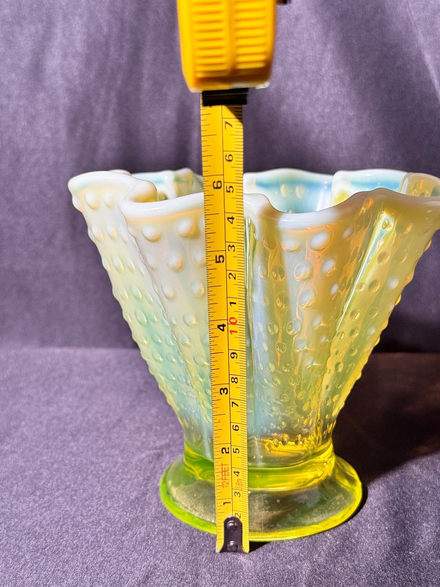 Uranium- Fenton- Hobnail- 5.5 Flower Vase - Topaz Opalescent- 1930’s