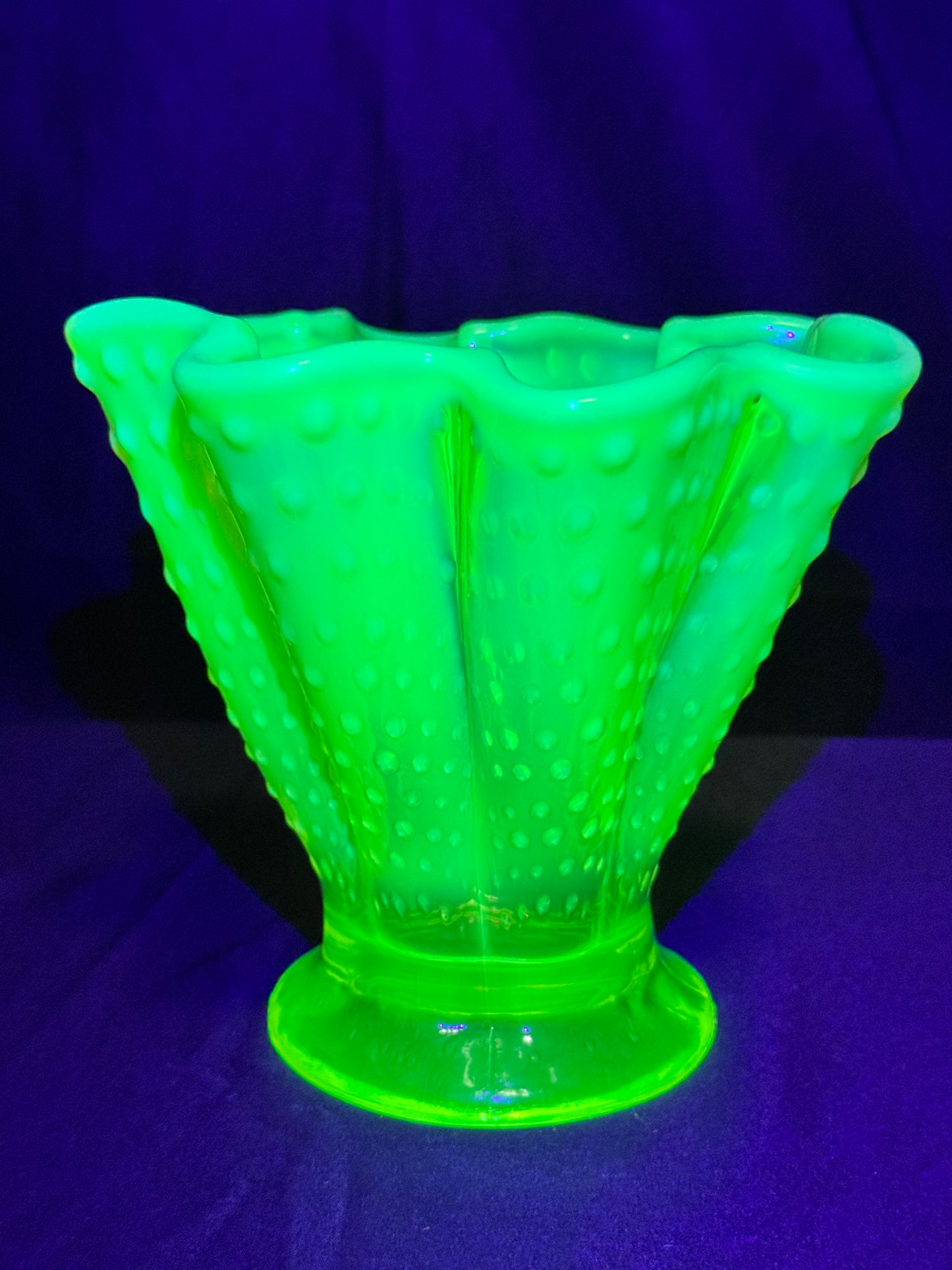 Uranium- Fenton- Hobnail- 5.5 Flower Vase - Topaz Opalescent- 1930’s