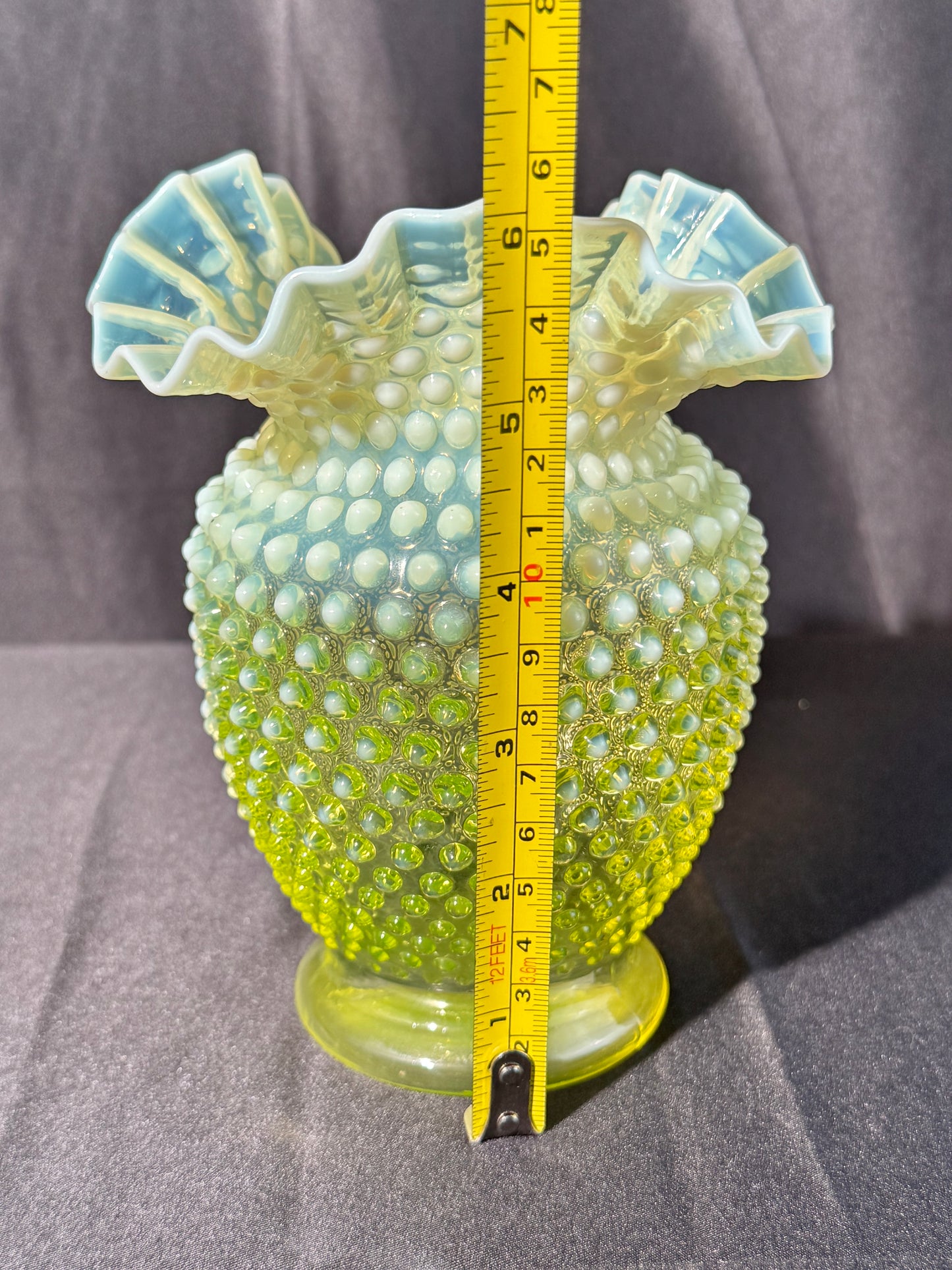 Uranium- Fenton- Hobnail- 6” Ruffled Flower Vase - Topaz Opalescent