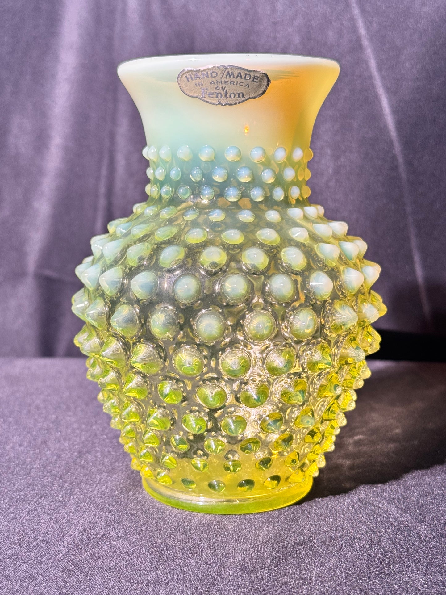 Uranium- Fenton- hobnail- flower Vase- topaz opalescent