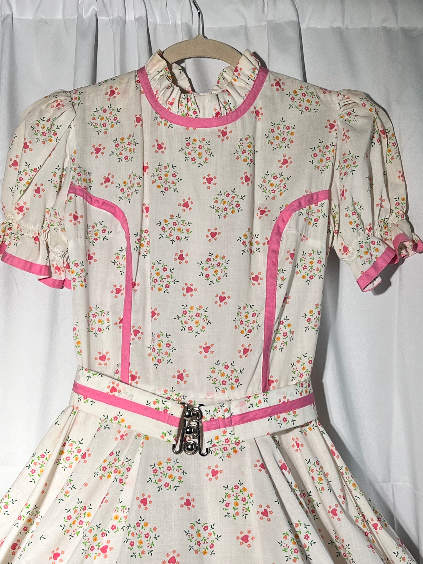 Square Dancing Dress- Kate Schorer - white Floral with pink trim- Women’s