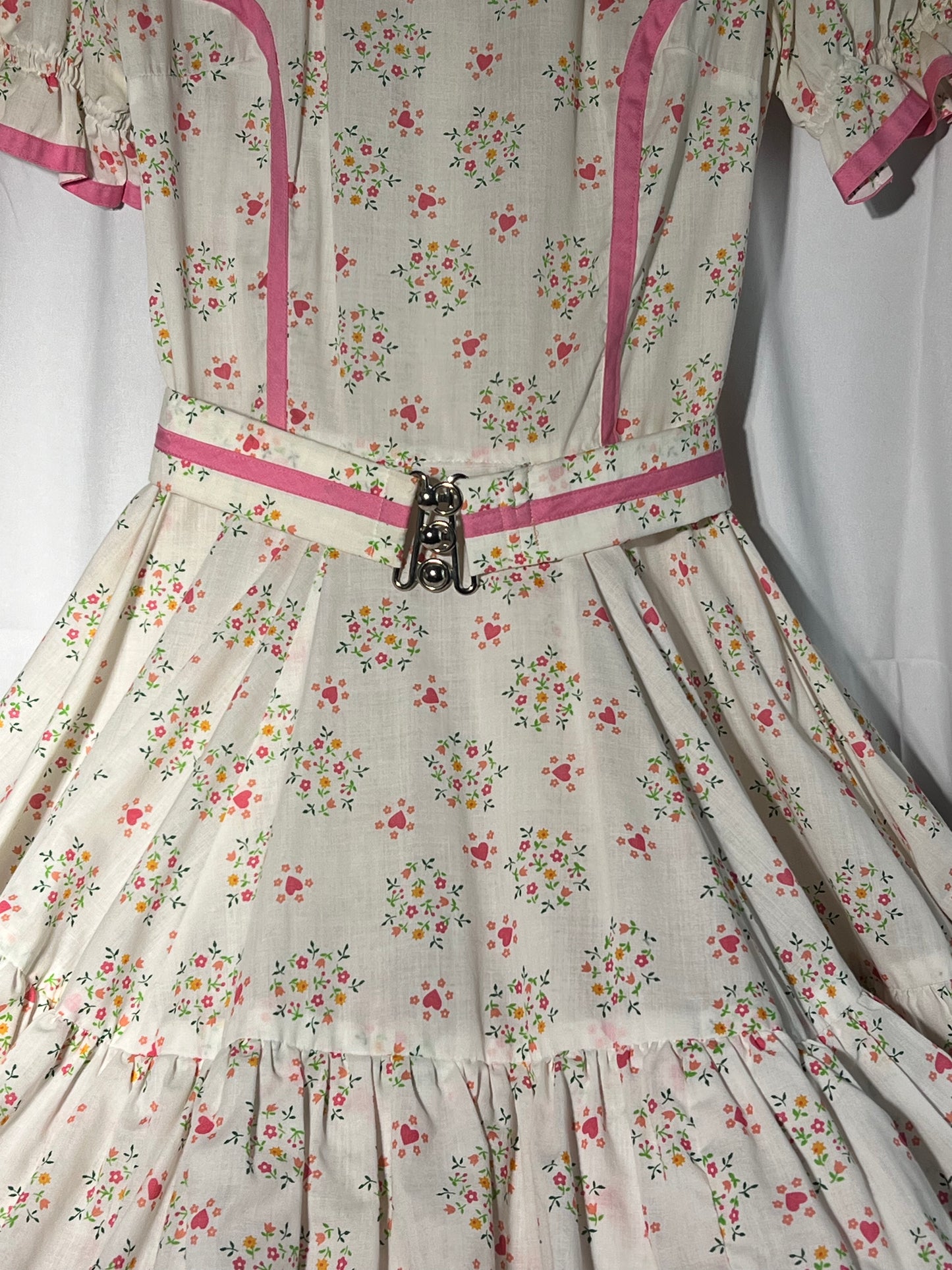 Square Dancing Dress- Kate Schorer - white Floral with pink trim- Women’s