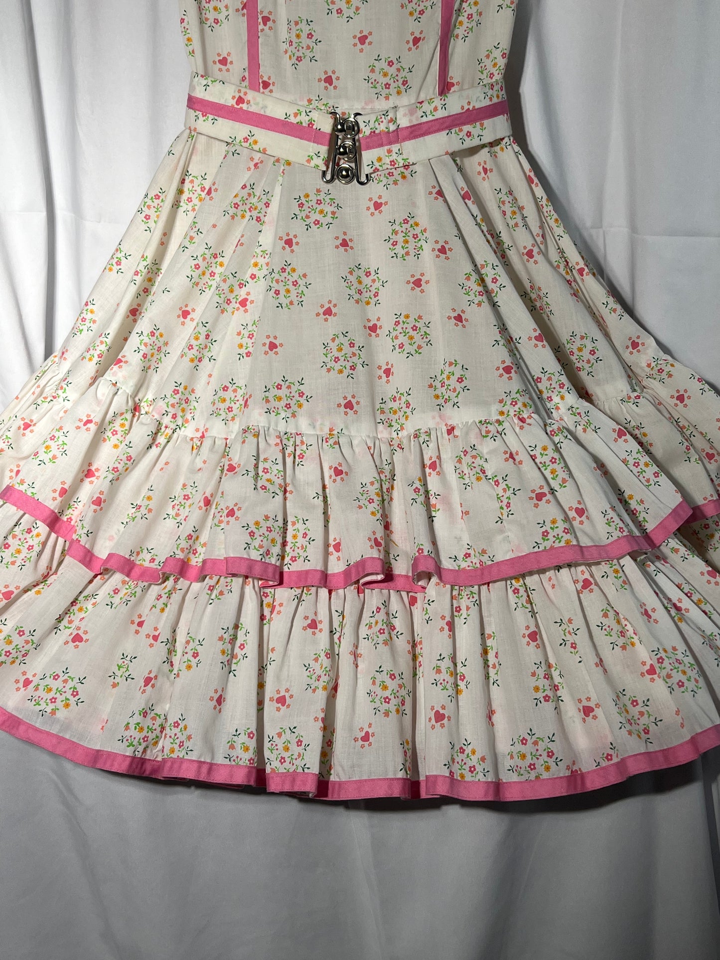 Square Dancing Dress- Kate Schorer - white Floral with pink trim- Women’s