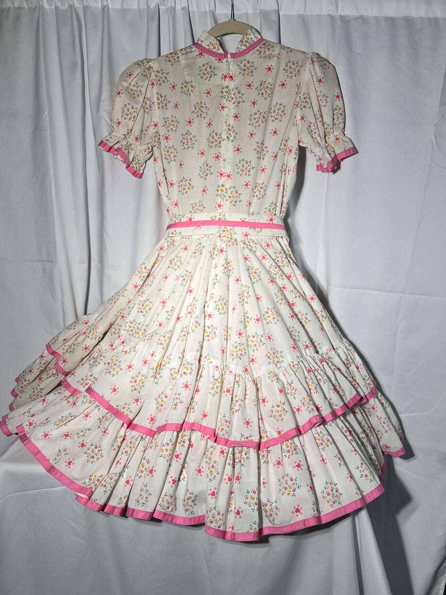 Square Dancing Dress- Kate Schorer - white Floral with pink trim- Women’s