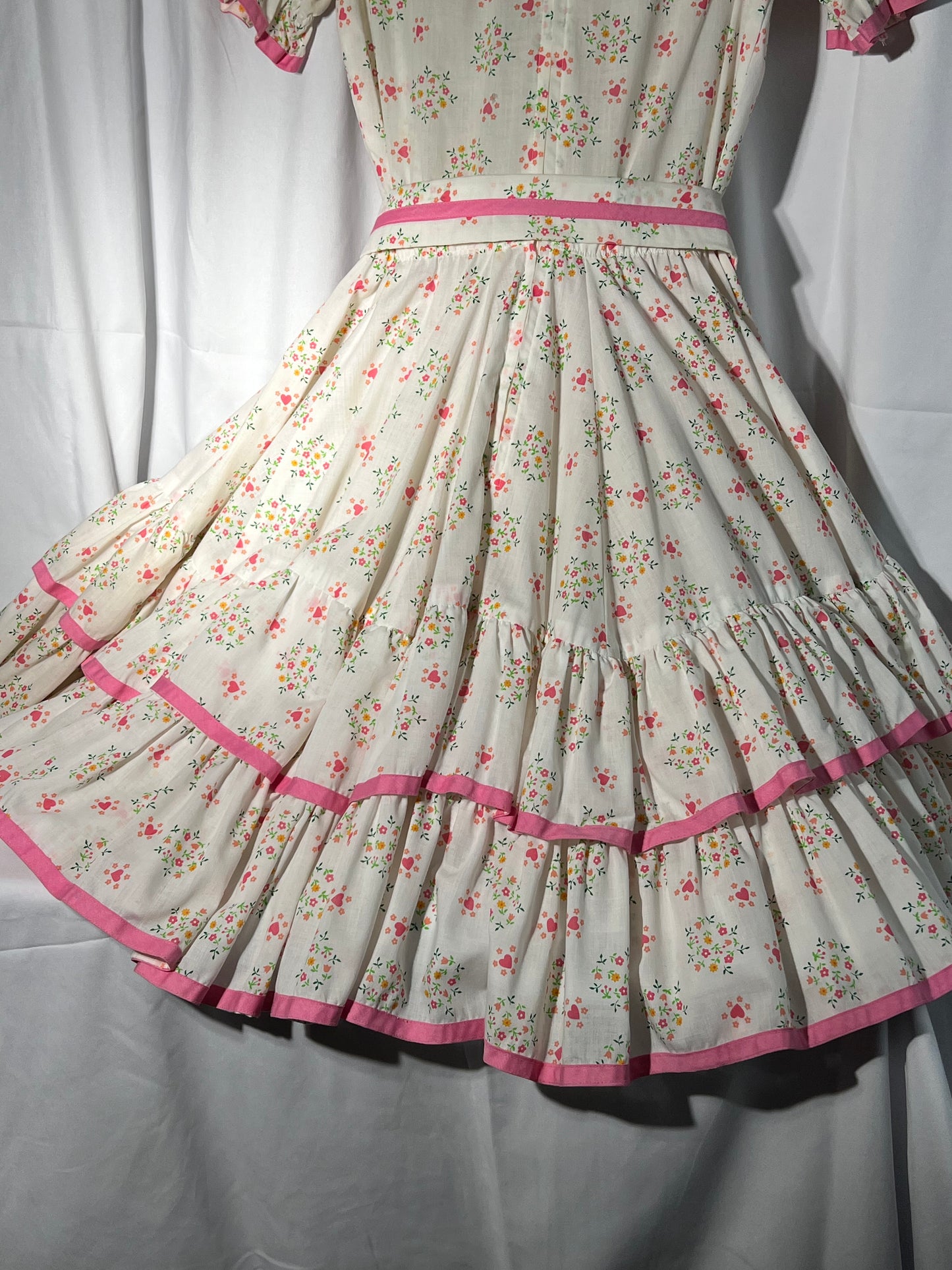 Square Dancing Dress- Kate Schorer - white Floral with pink trim- Women’s