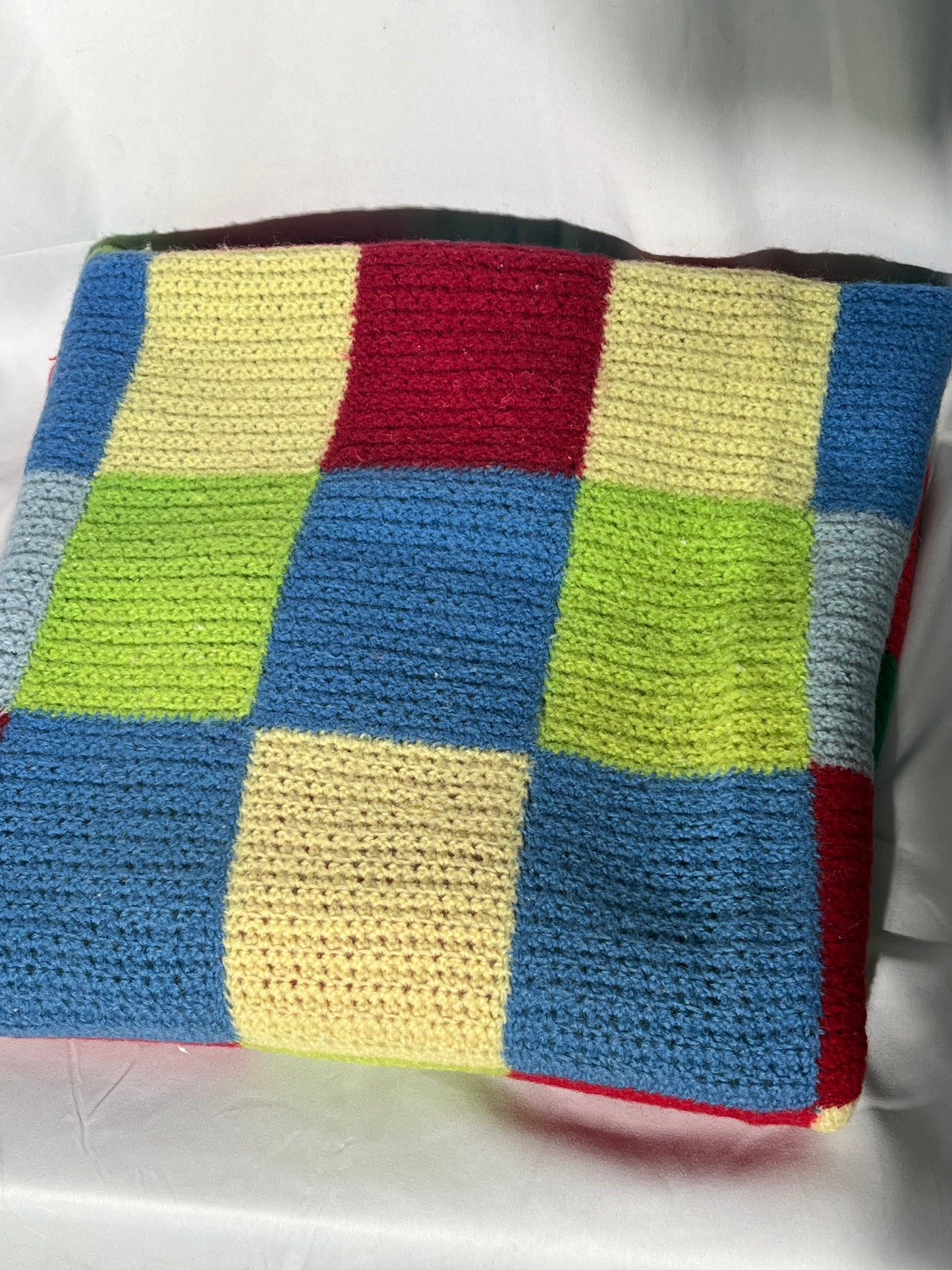 Afghan - multi-colored - 40” x 69” - blue,green,red, yellow- small squares -hand crochet blanket