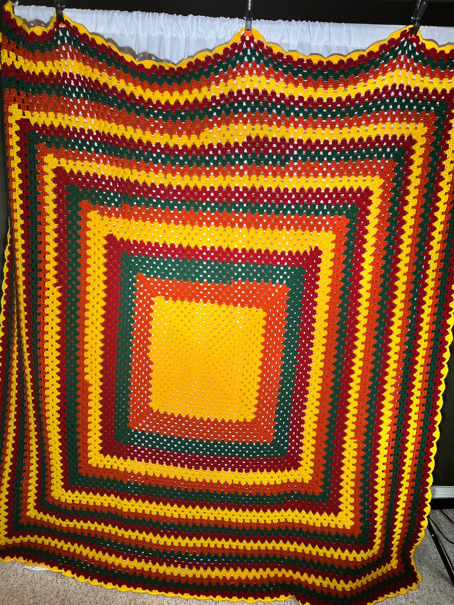 Afghan - 69” x 77” - yellow, orange, green and maroon - hand crocheted blanket