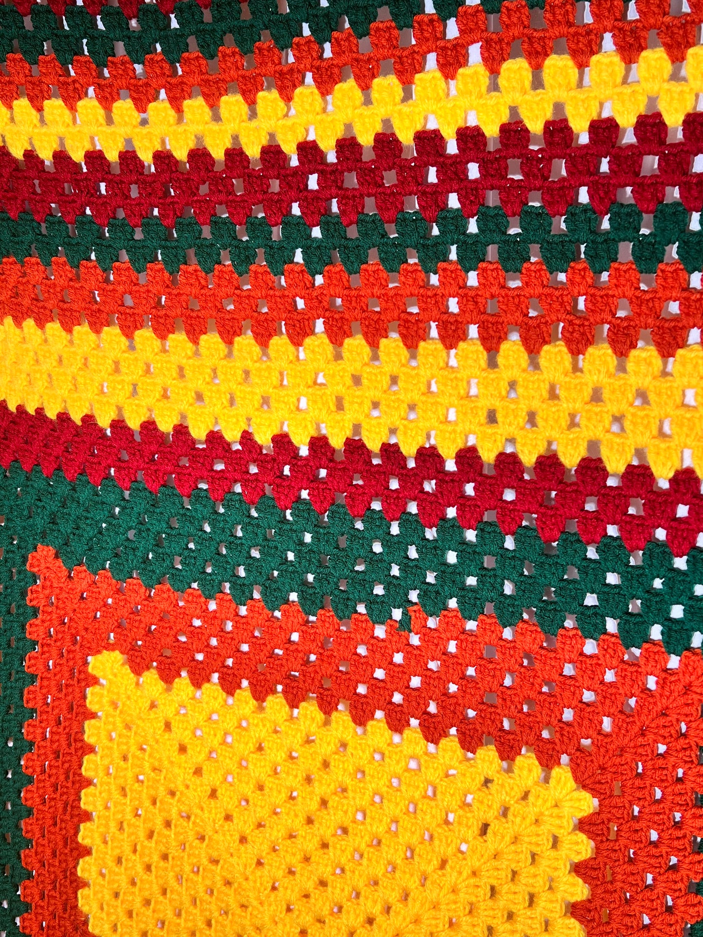 Afghan - 69” x 77” - yellow, orange, green and maroon - hand crocheted blanket