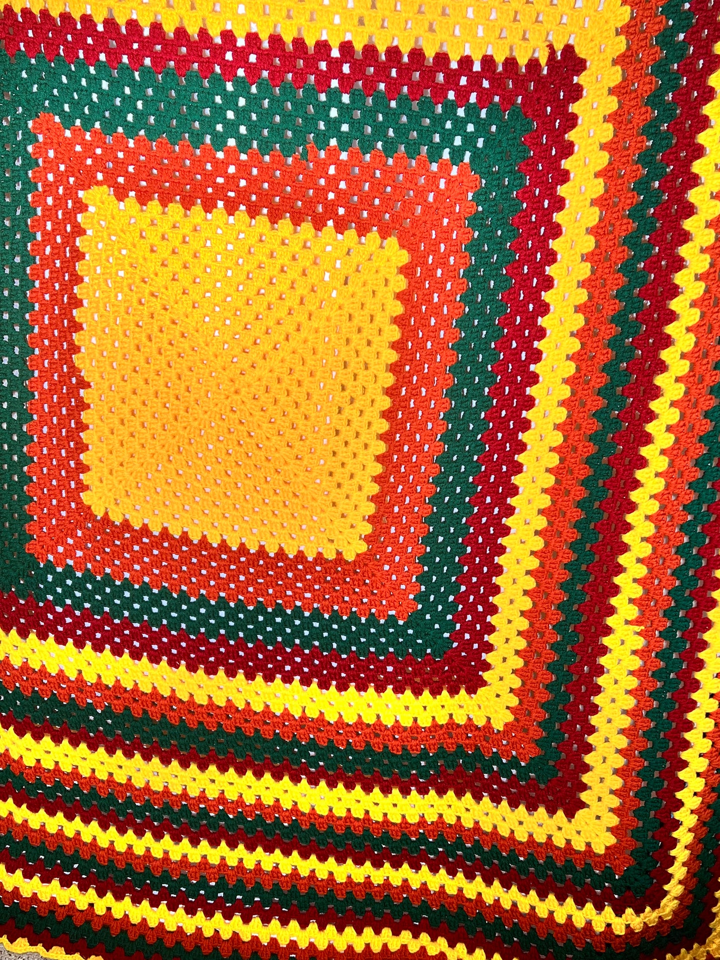 Afghan - 69” x 77” - yellow, orange, green and maroon - hand crocheted blanket