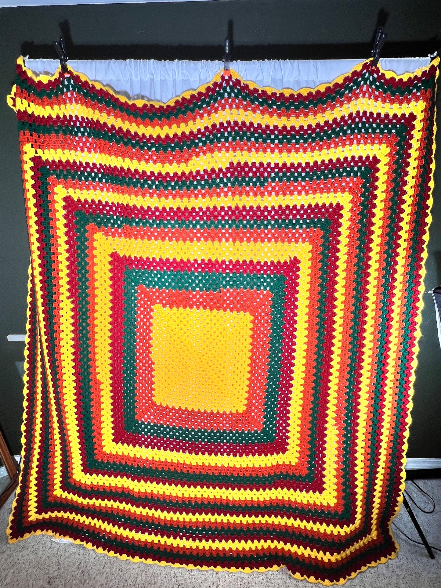 Afghan - 69” x 77” - yellow, orange, green and maroon - hand crocheted blanket