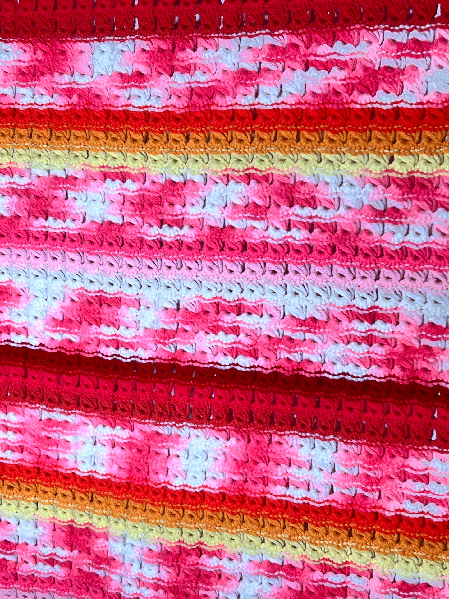 Afghan - 43” x 69” - Pink, white , orange and yellow- Hand Crochet blanket