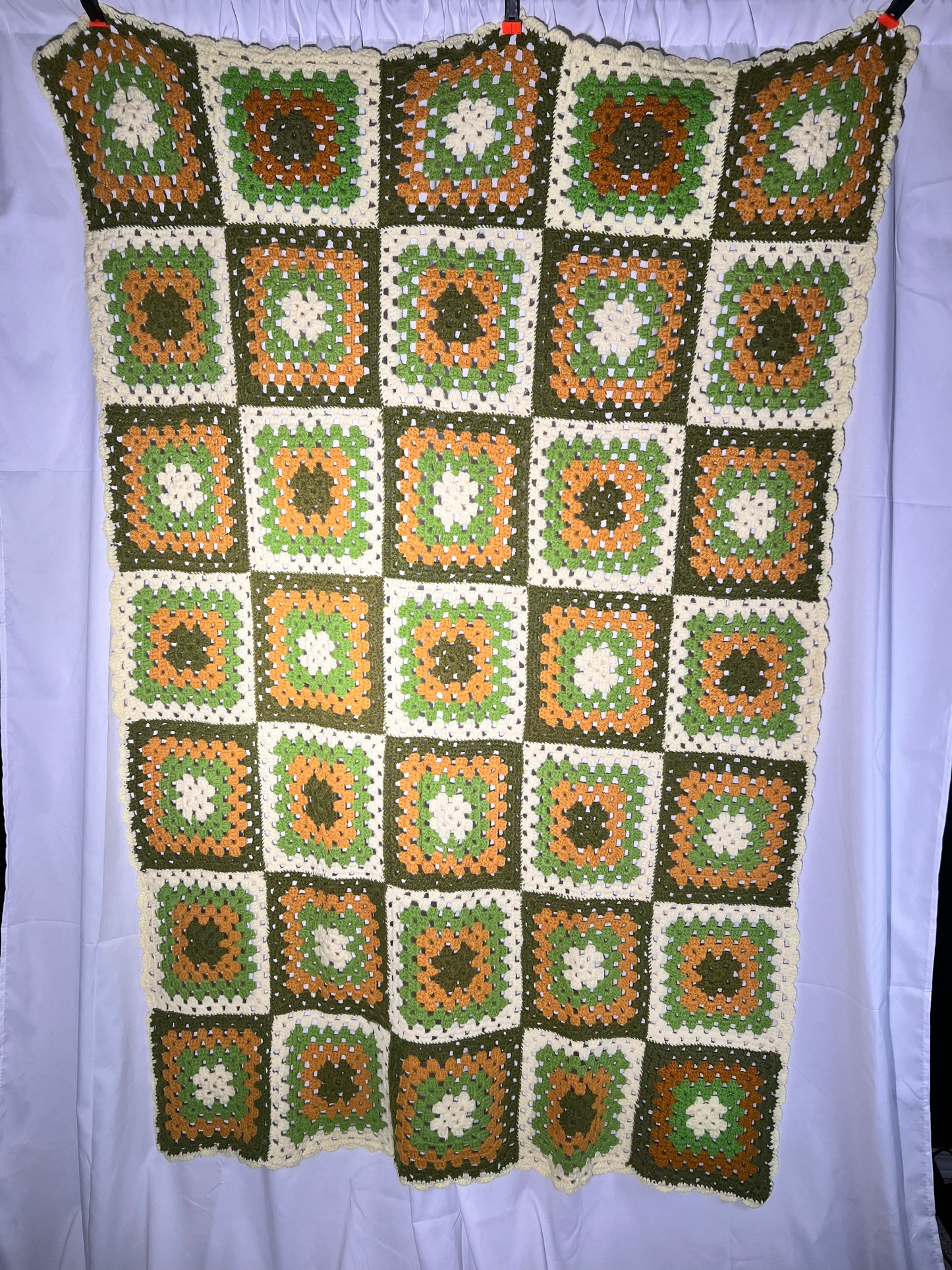 Afghan- 41” x 63” cream,green, orange squares- Hand Crochet Blanket