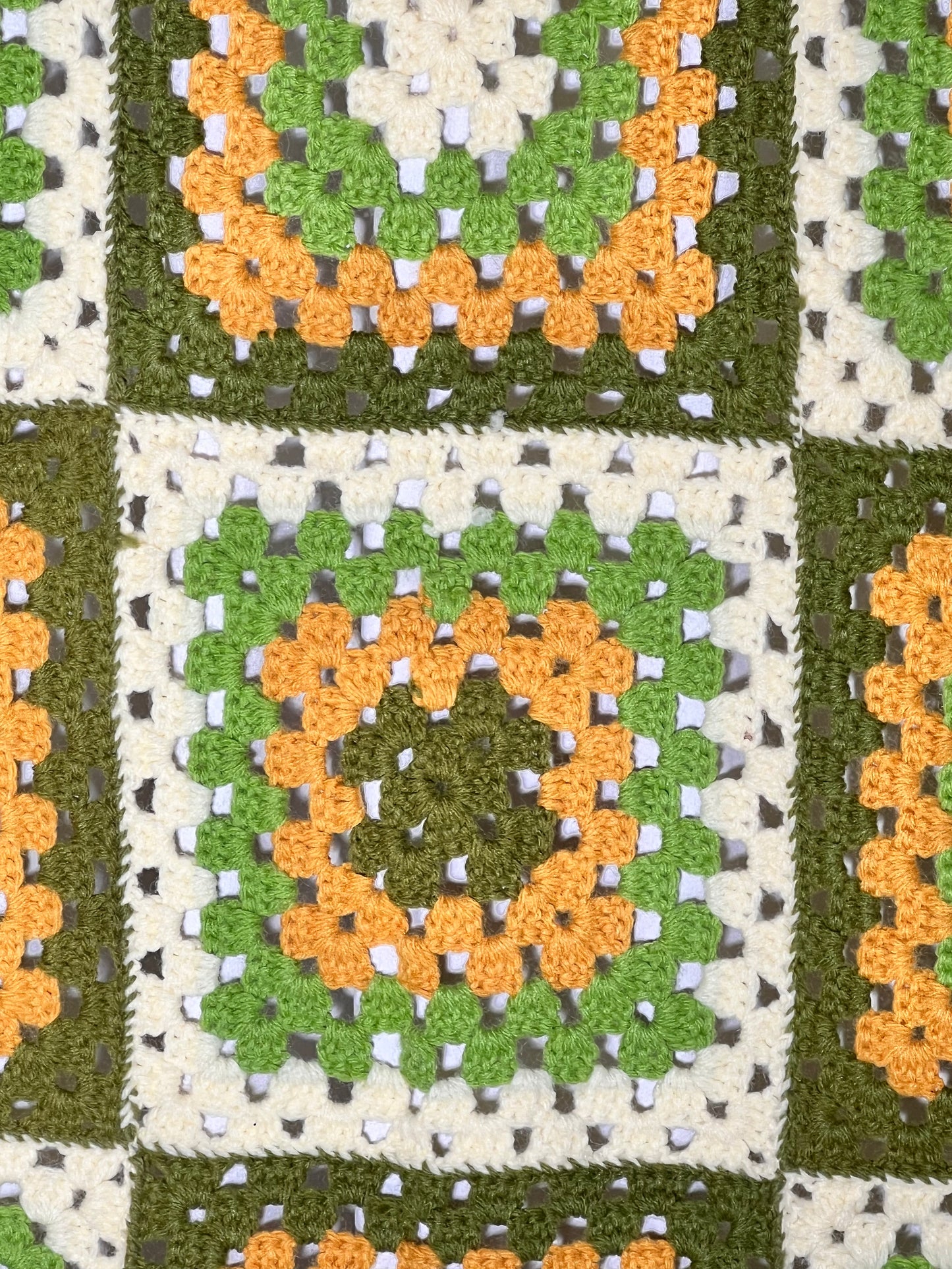 Afghan- 41” x 63” cream,green, orange squares- Hand Crochet Blanket