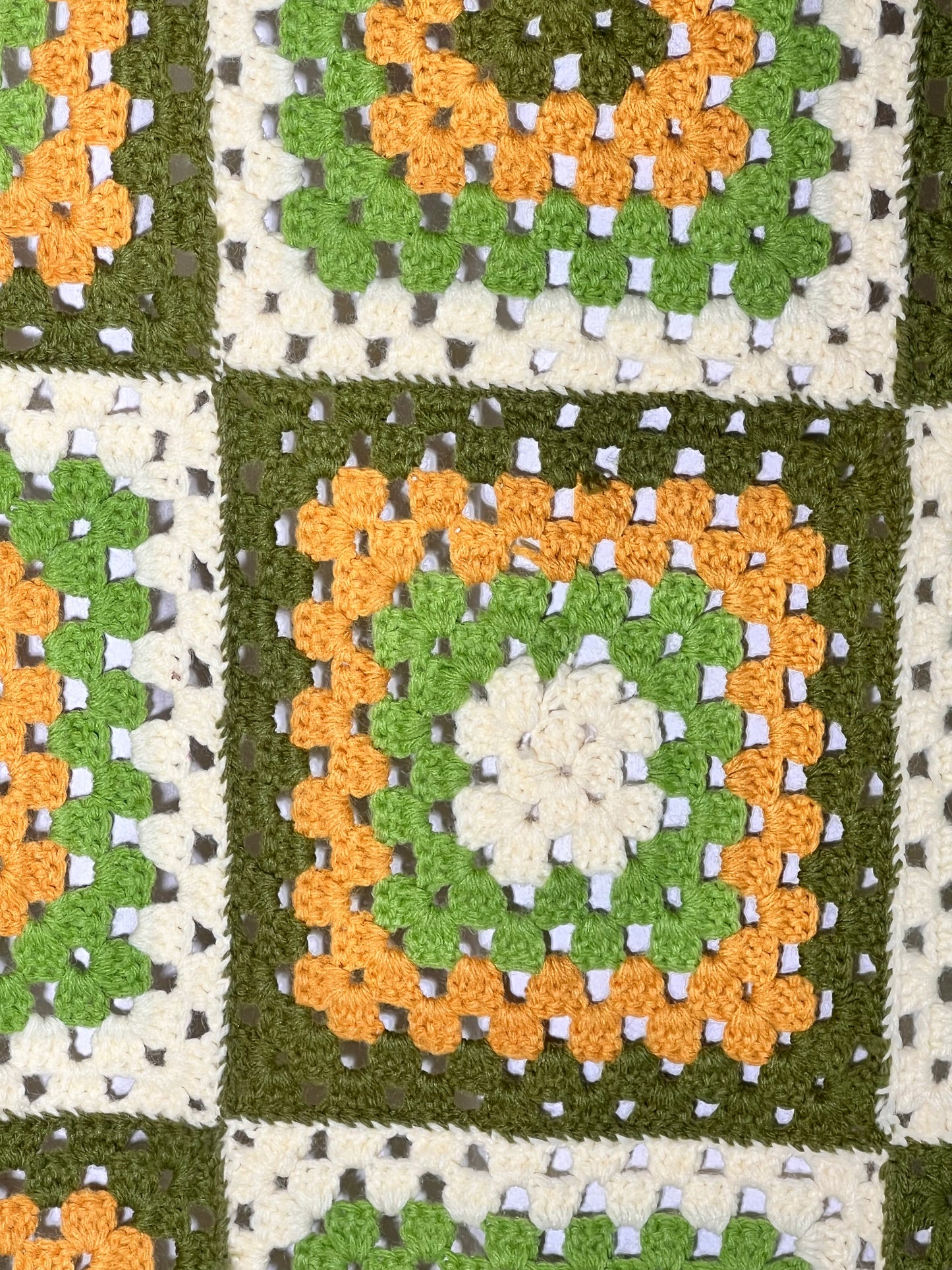 Afghan- 41” x 63” cream,green, orange squares- Hand Crochet Blanket