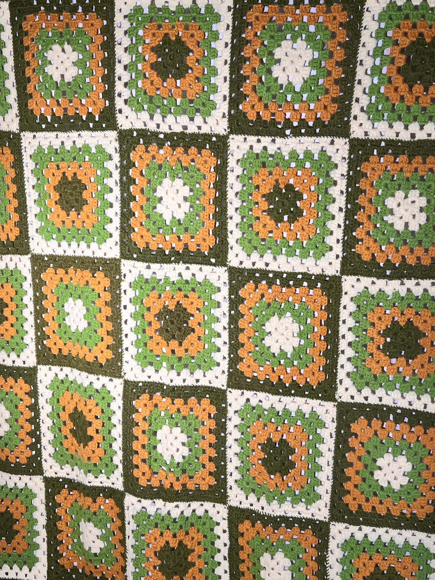 Afghan- 41” x 63” cream,green, orange squares- Hand Crochet Blanket