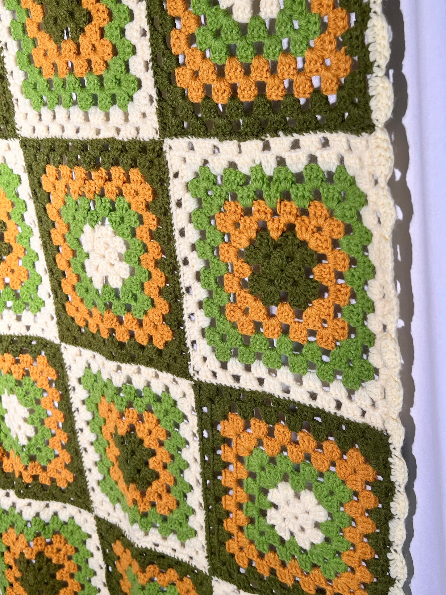 Afghan- 41” x 63” cream,green, orange squares- Hand Crochet Blanket