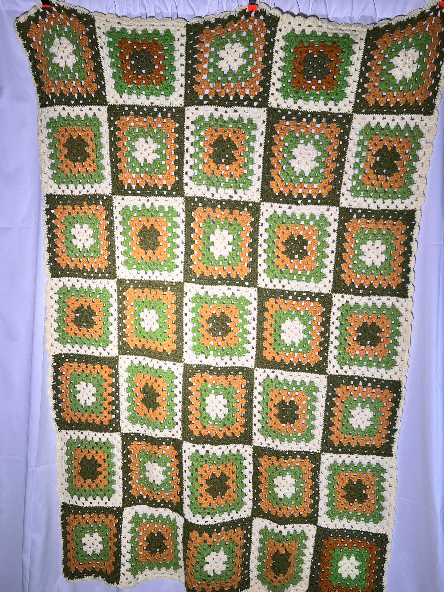 Afghan- 41” x 63” cream,green, orange squares- Hand Crochet Blanket