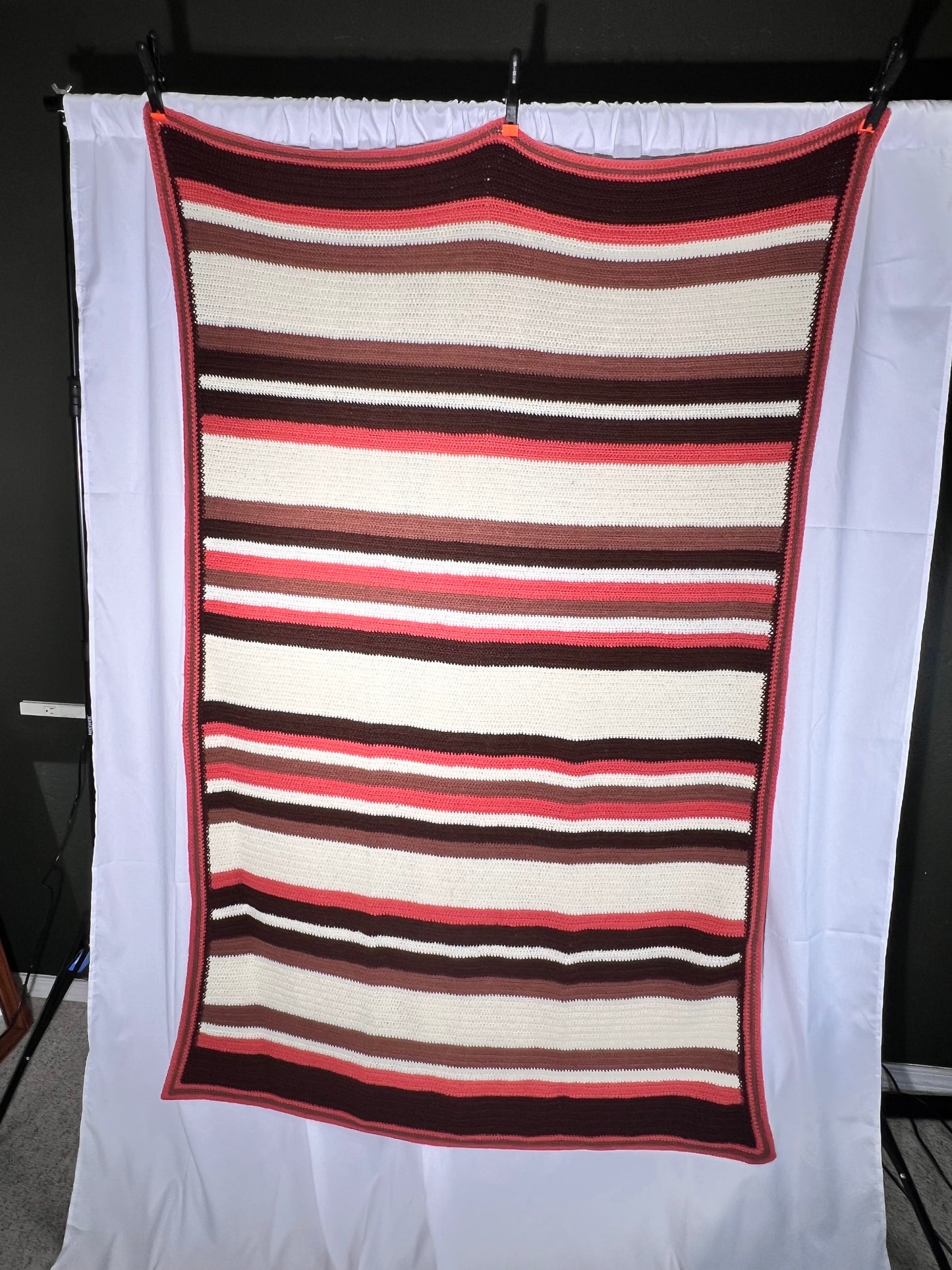 Afghan- 42” x 65” - Brown, Pink and cream - hand Crochet Blanket