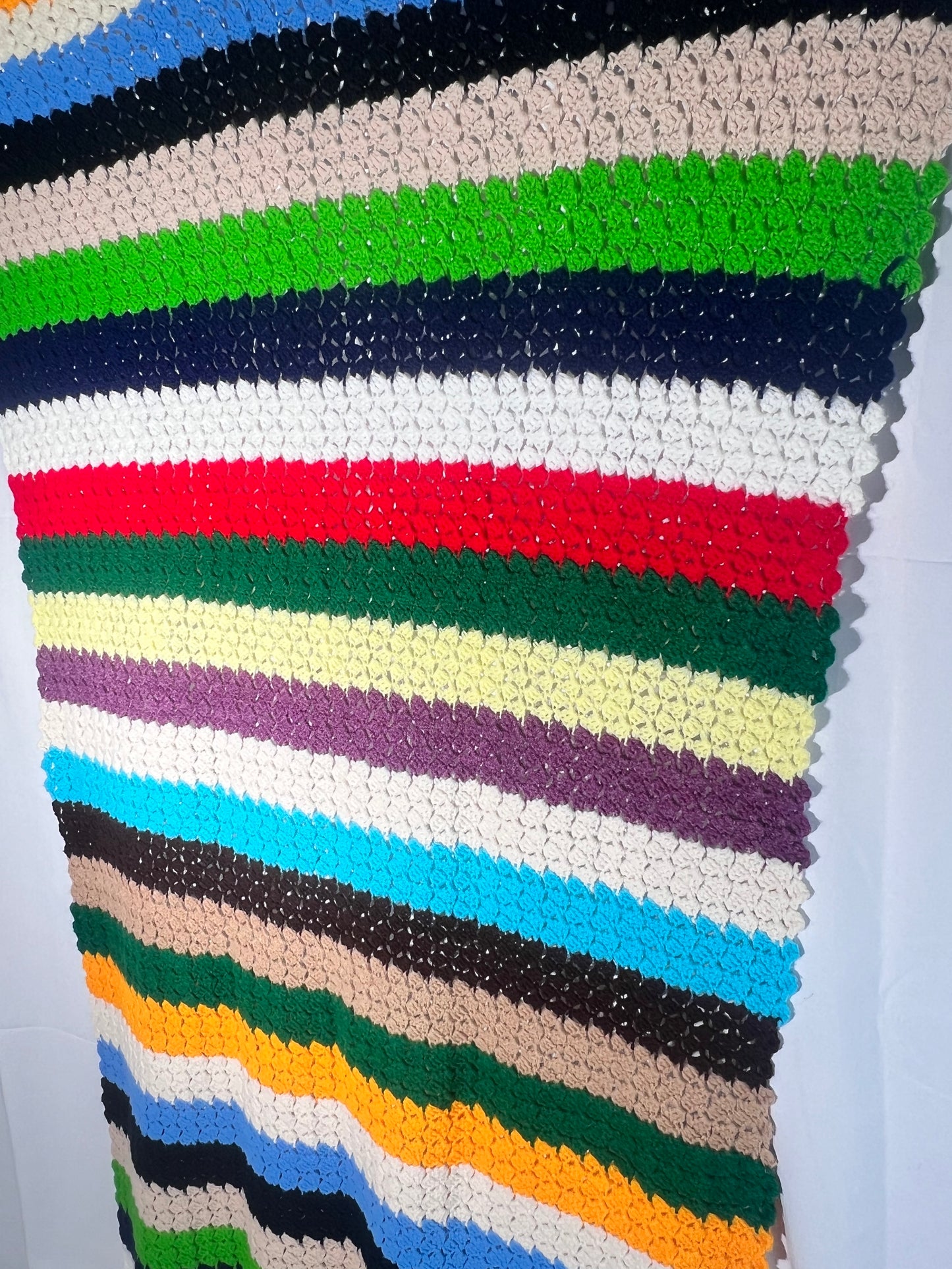 Afghan- multi color striped- 45”x 62”- hand made - Crochet- Blanket
