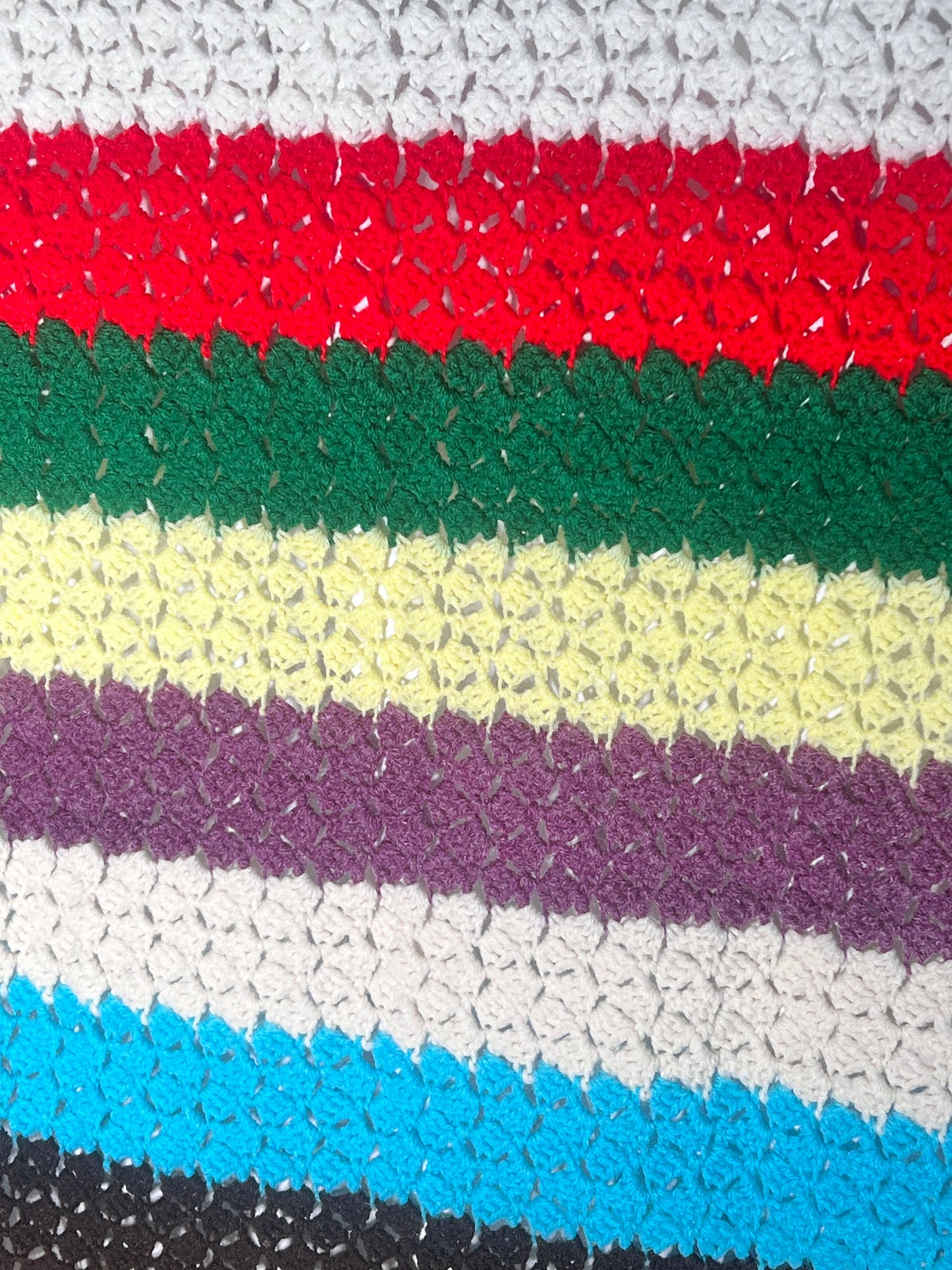 Afghan- multi color striped- 45”x 62”- hand made - Crochet- Blanket